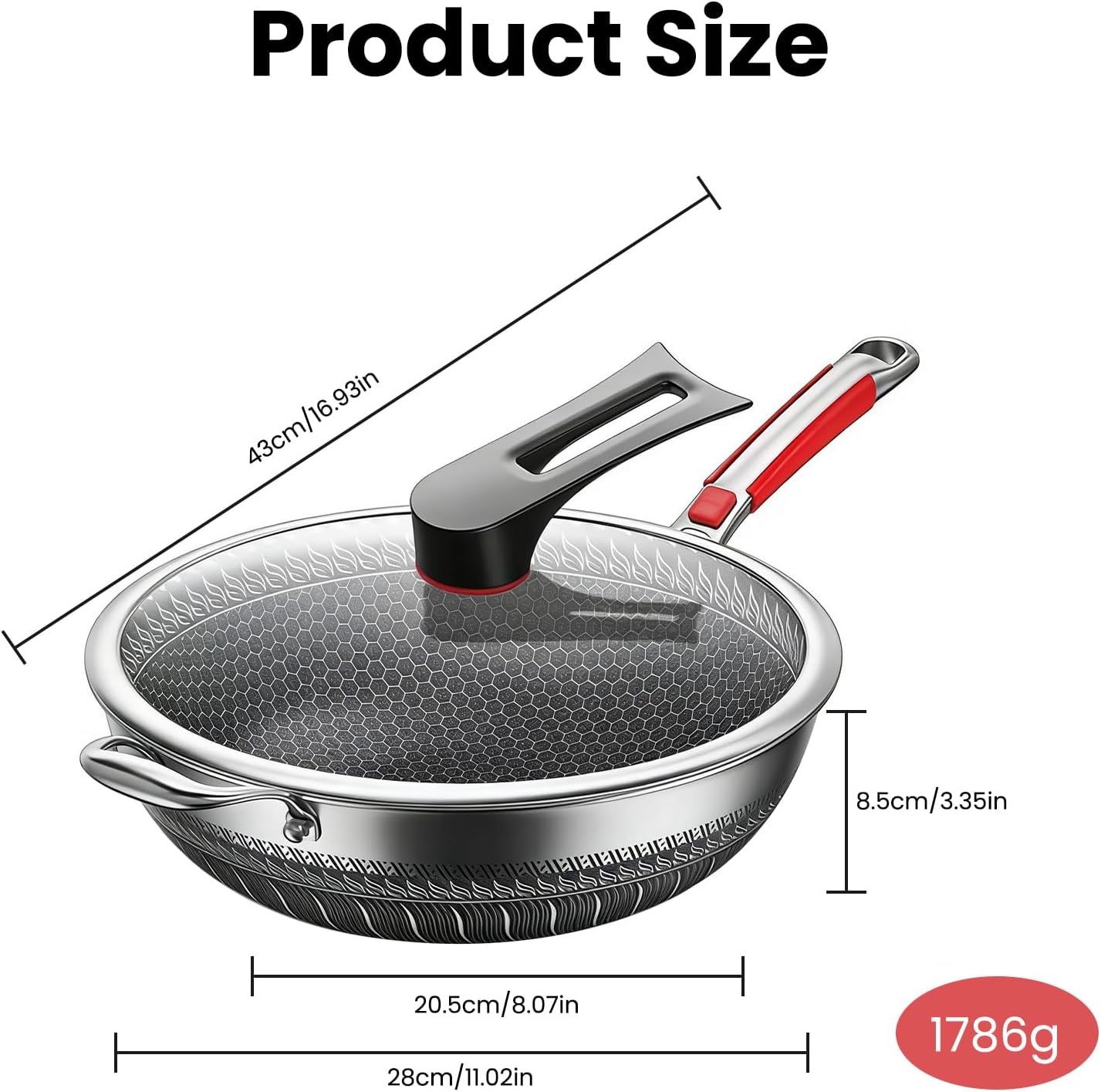 Meikurs Stainless Steel Frying Pan with Lid Tri-Ply Aluminum Core Hexagon NEW