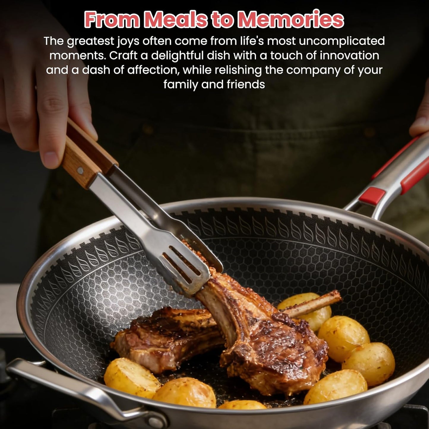 Meikurs Stainless Steel Frying Pan with Lid Tri-Ply Aluminum Core Hexagon NEW