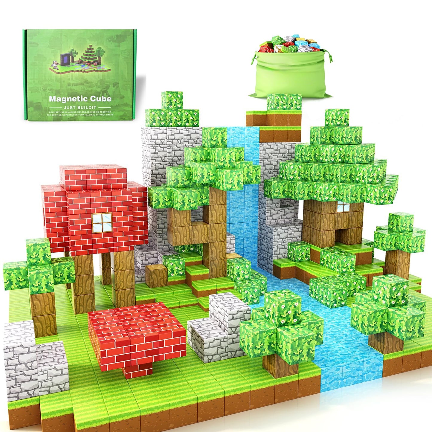 ESNNIE 100Pce Magnetic Building Blocks Set Green Plastic Construction Toy NEW