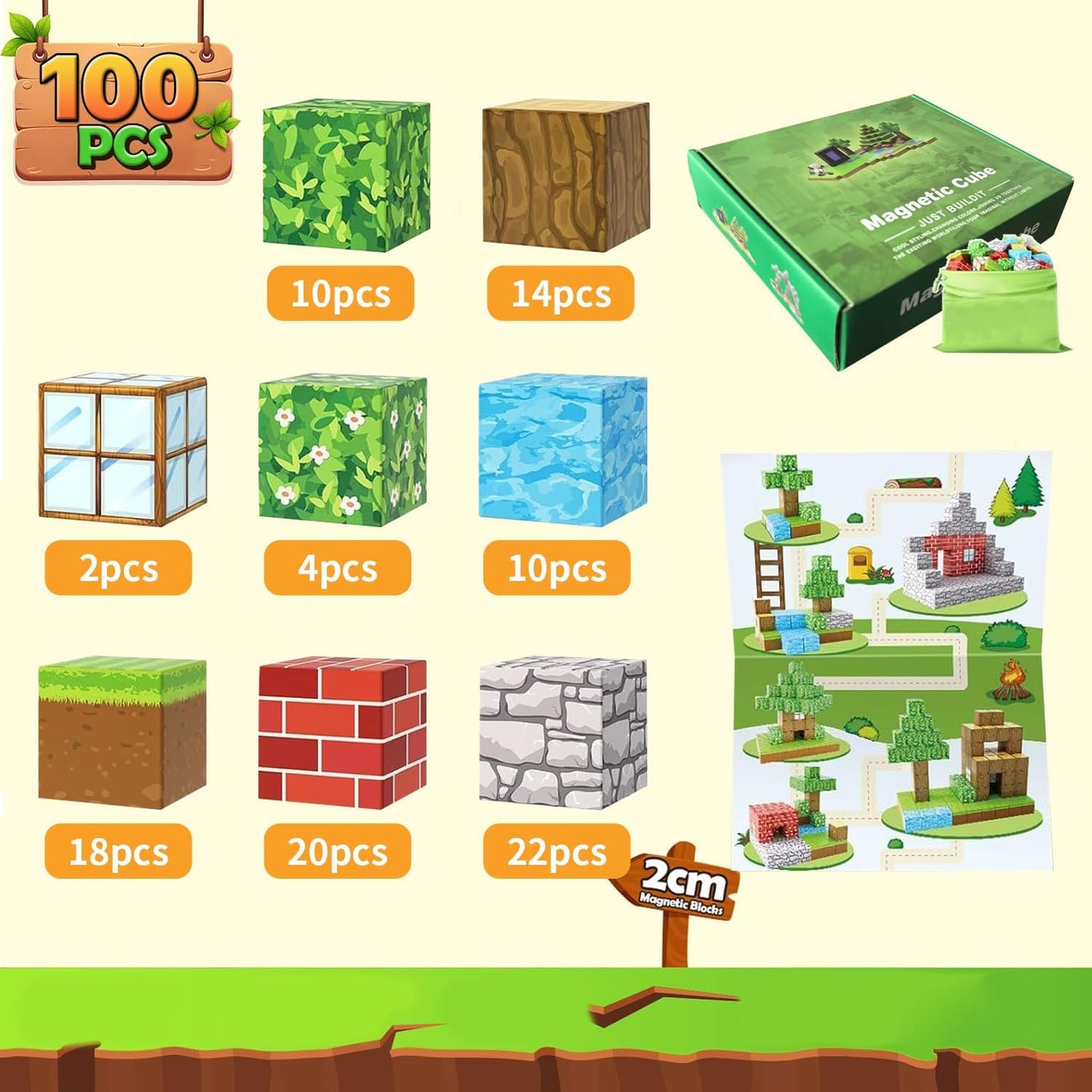 ESNNIE 100Pce Magnetic Building Blocks Set Green Plastic Construction Toy NEW