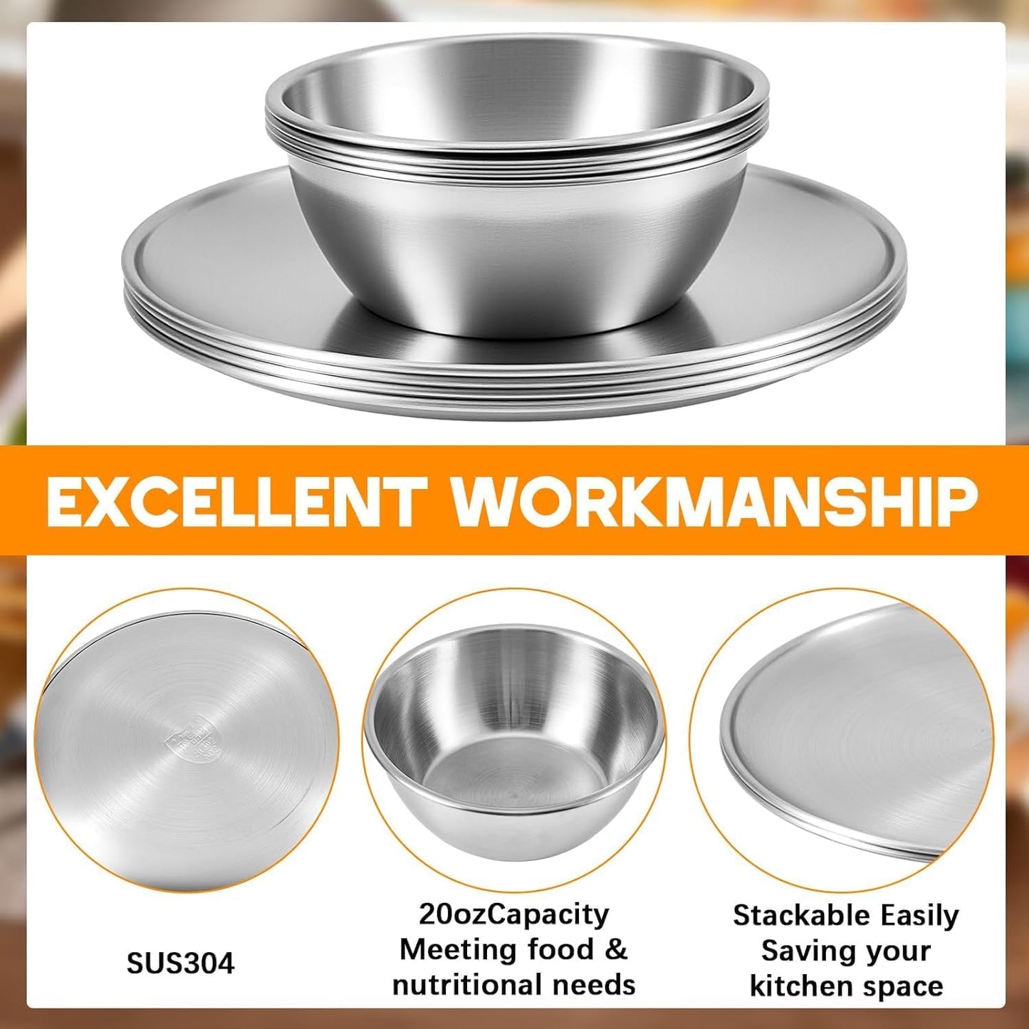 X.Starline Stainless Steel Metal 8-Piece Camping Dinnerware Bowl & Plate Set NEW
