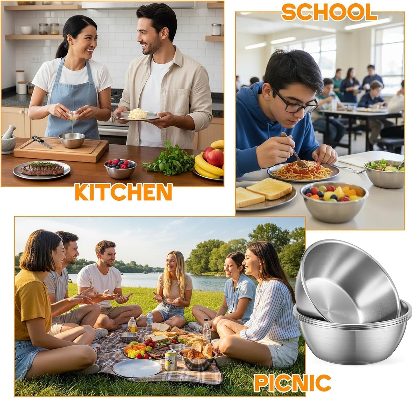 X.Starline Stainless Steel Metal 8-Piece Camping Dinnerware Bowl & Plate Set NEW