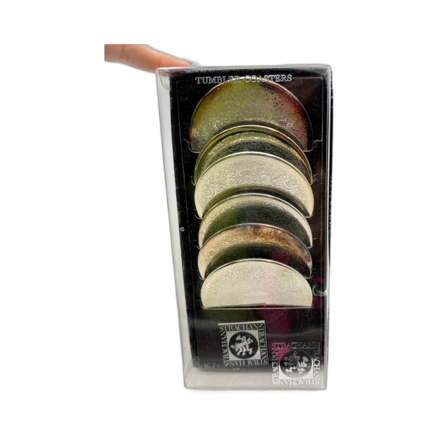 RETRO Strachan Original Packaging 6x Decorative Tumbler Coasters Silver Plate