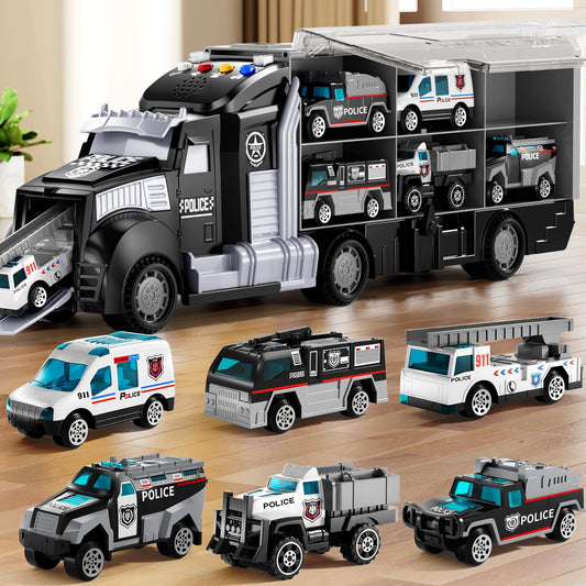 NIPLOOOW Police Trucks Toy Set with Play Mat & Carrier Truck Vehicles NEW