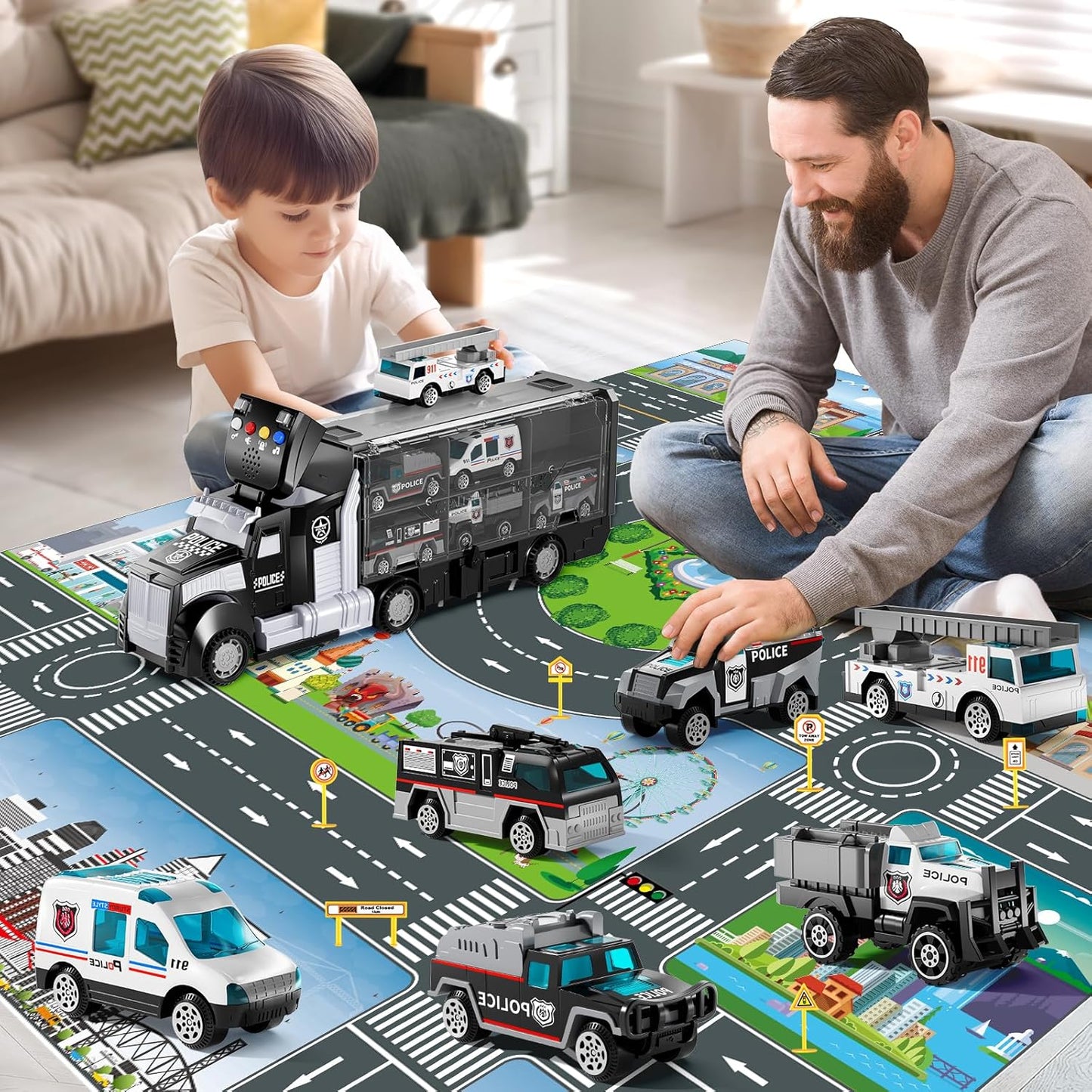 NIPLOOOW Police Trucks Toy Set with Play Mat & Carrier Truck Vehicles NEW