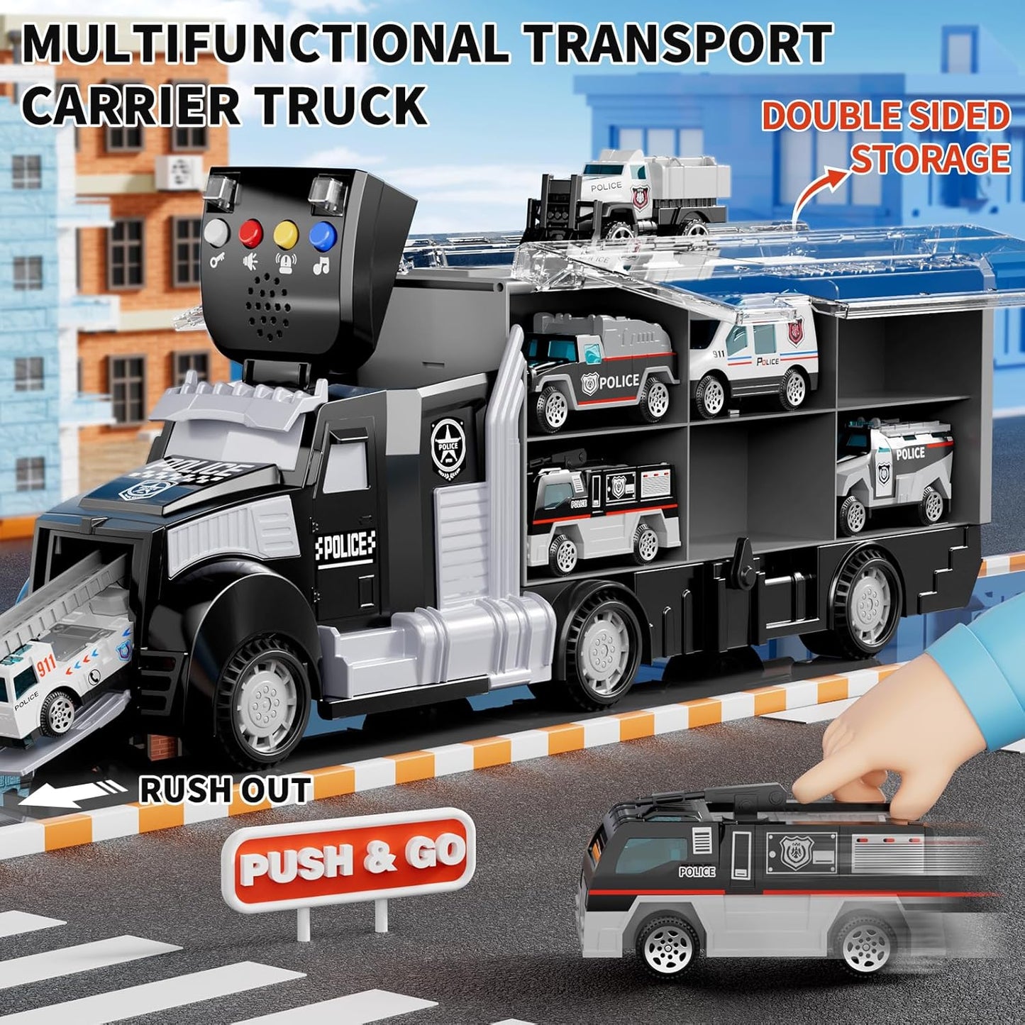 NIPLOOOW Police Trucks Toy Set with Play Mat & Carrier Truck Vehicles NEW