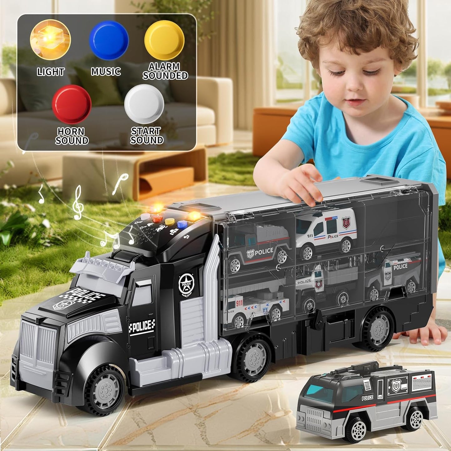 NIPLOOOW Police Trucks Toy Set with Play Mat & Carrier Truck Vehicles NEW