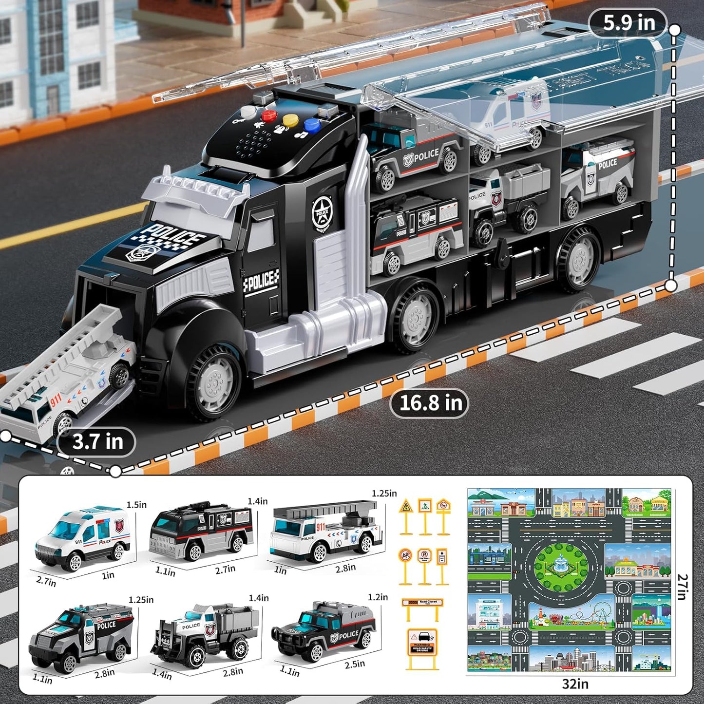 NIPLOOOW Police Trucks Toy Set with Play Mat & Carrier Truck Vehicles NEW