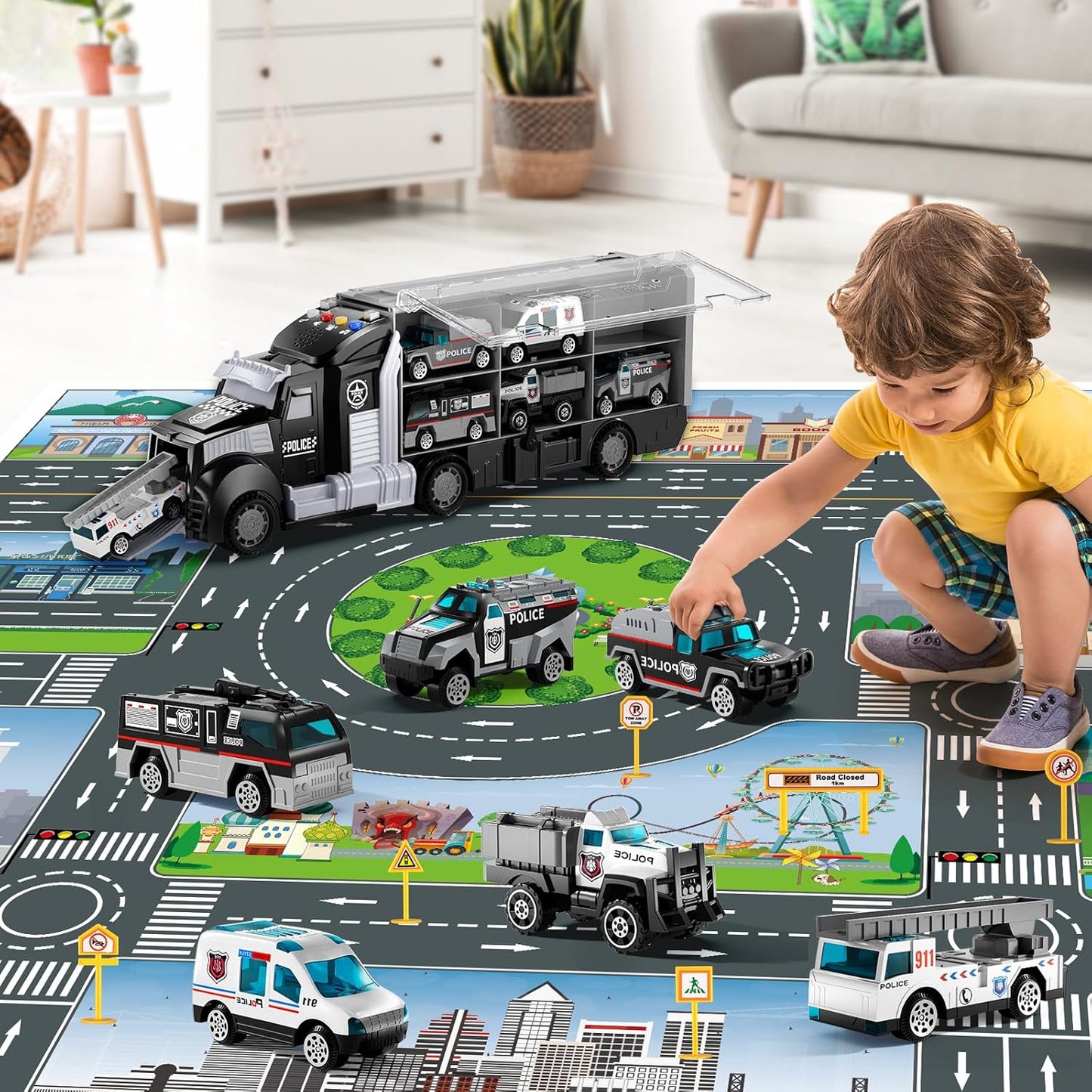 NIPLOOOW Police Trucks Toy Set with Play Mat & Carrier Truck Vehicles NEW
