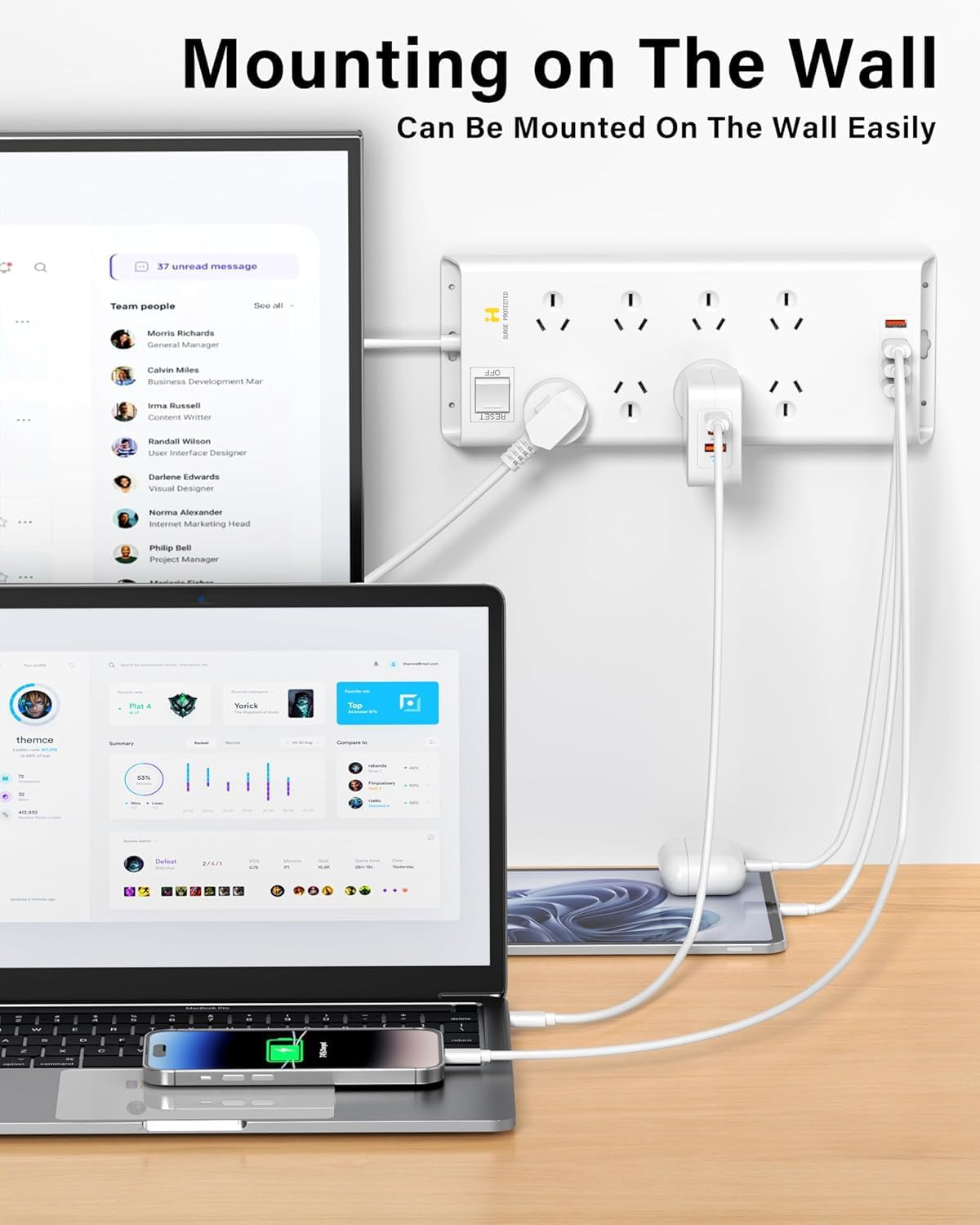 HEYMIX Tech 8-Outlet Power Strip Surge Protector with 4 USB Charging Ports NEW