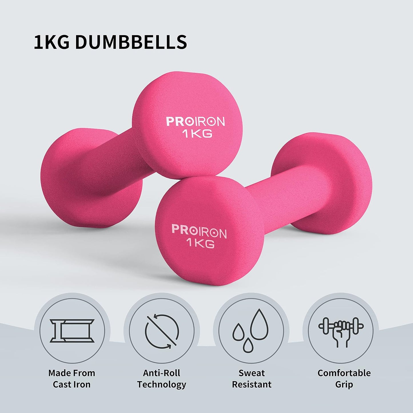 PROIRON Neoprene Dumbbells 2x 1KG Anti-Slip Soft-Touch Grip Hand Weight PINK NEW
