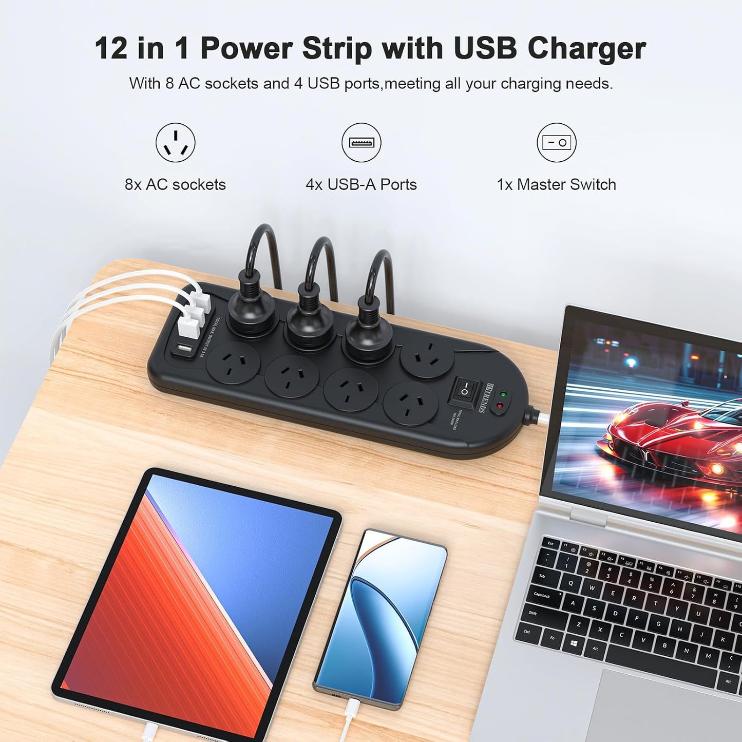 HITRENDS Power Strip with 8 AC Outlets and 4 USB Charging Ports Surge DEMO