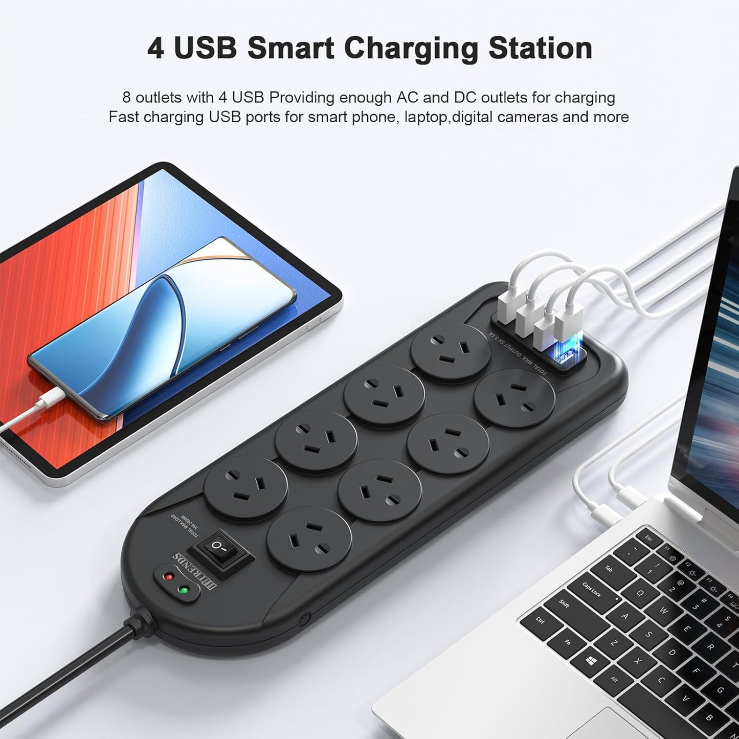 HITRENDS Power Strip with 8 AC Outlets and 4 USB Charging Ports Surge DEMO