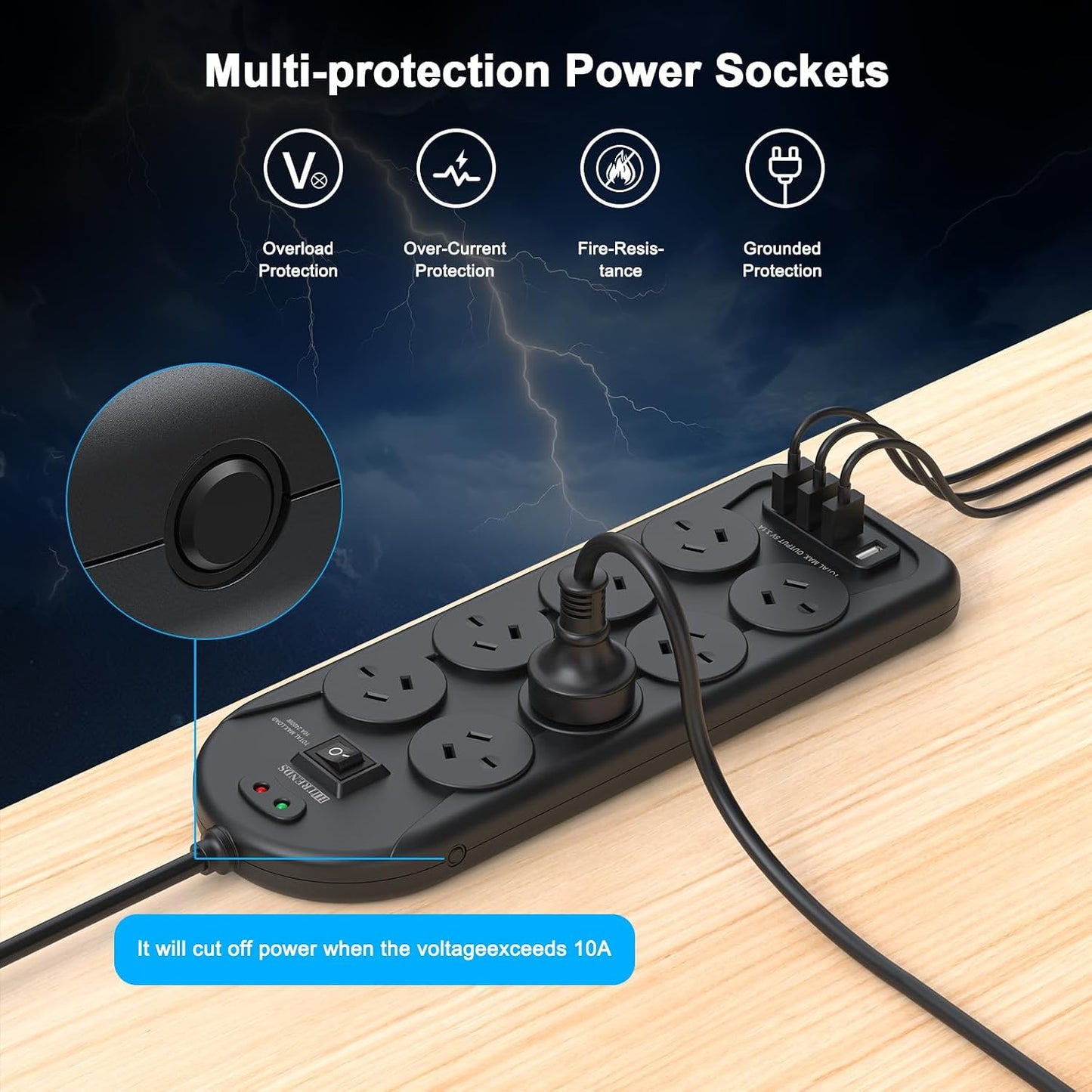 HITRENDS Power Strip with 8 AC Outlets and 4 USB Charging Ports Surge DEMO
