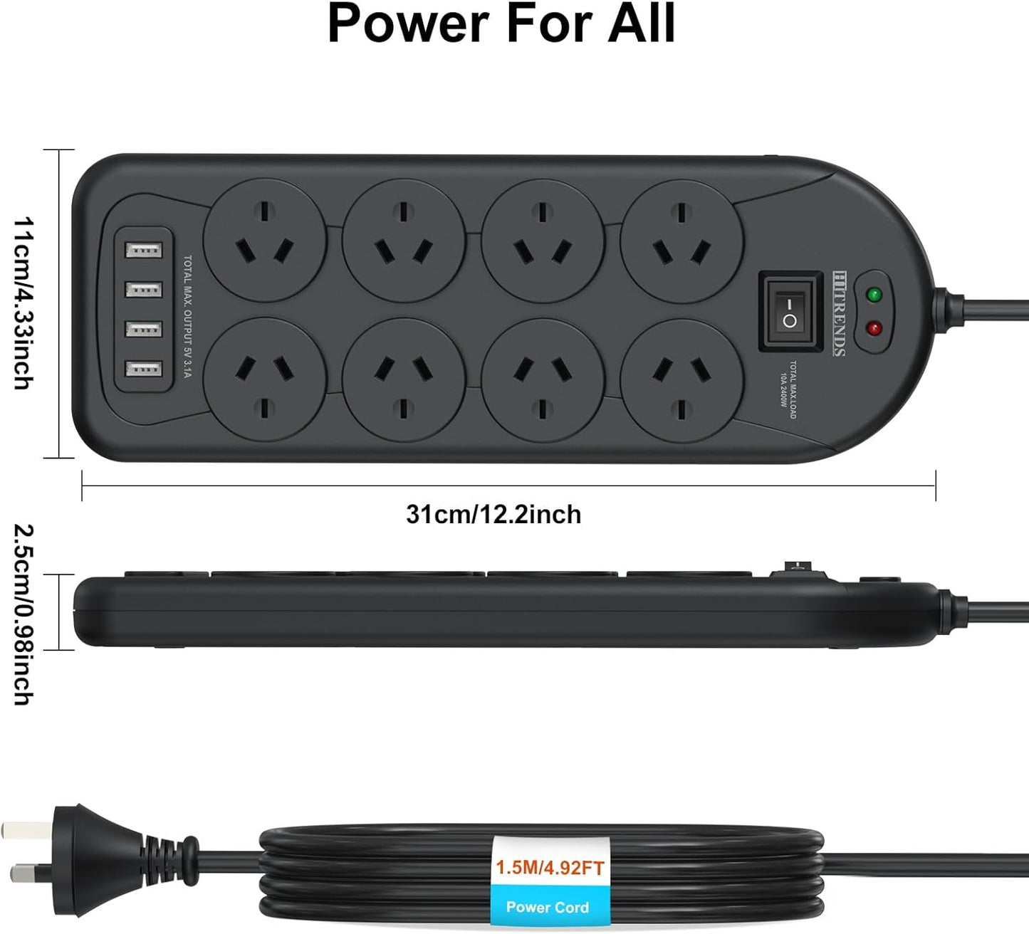 HITRENDS Power Strip with 8 AC Outlets and 4 USB Charging Ports Surge DEMO