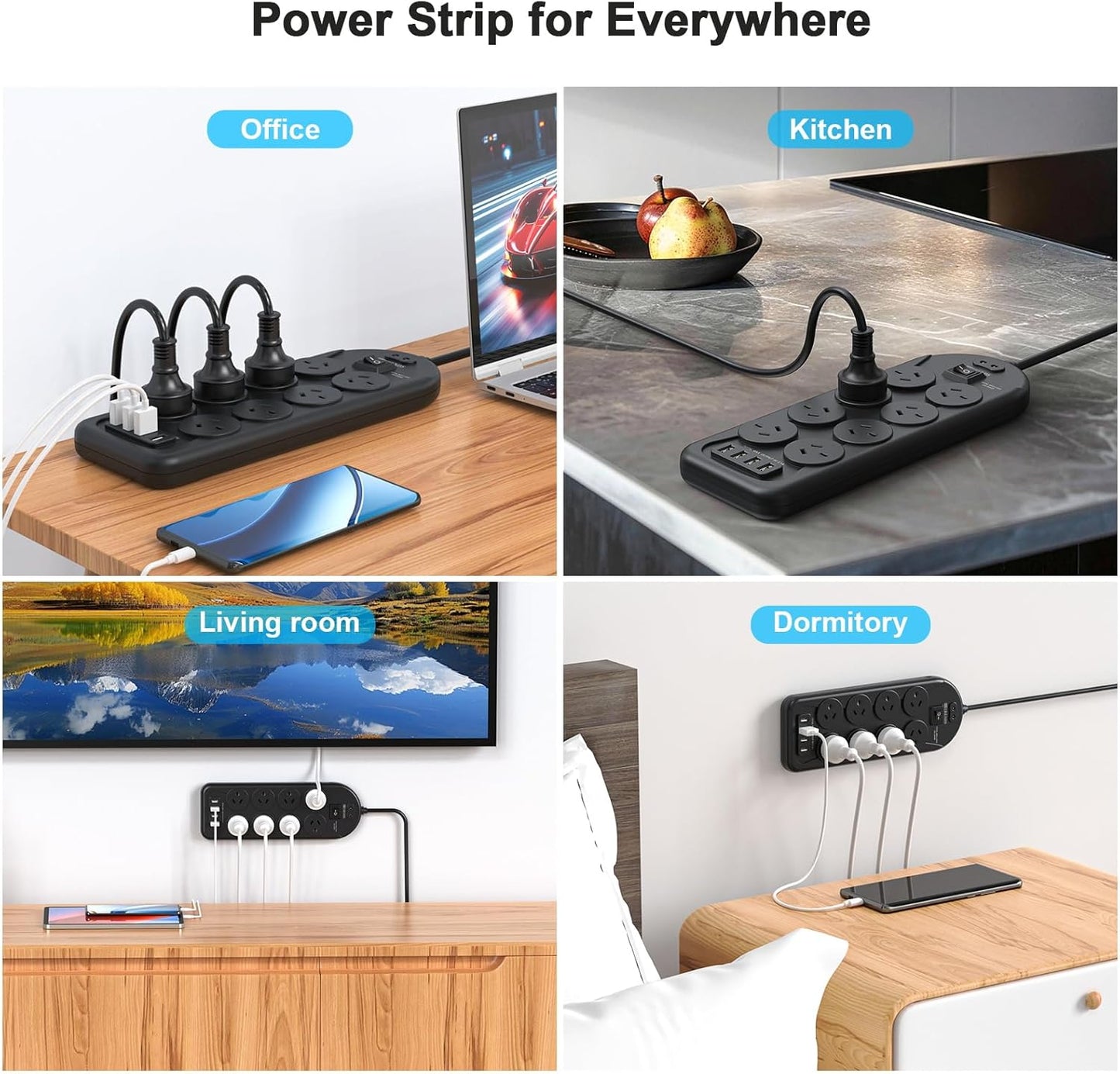 HITRENDS Power Strip with 8 AC Outlets and 4 USB Charging Ports Surge DEMO
