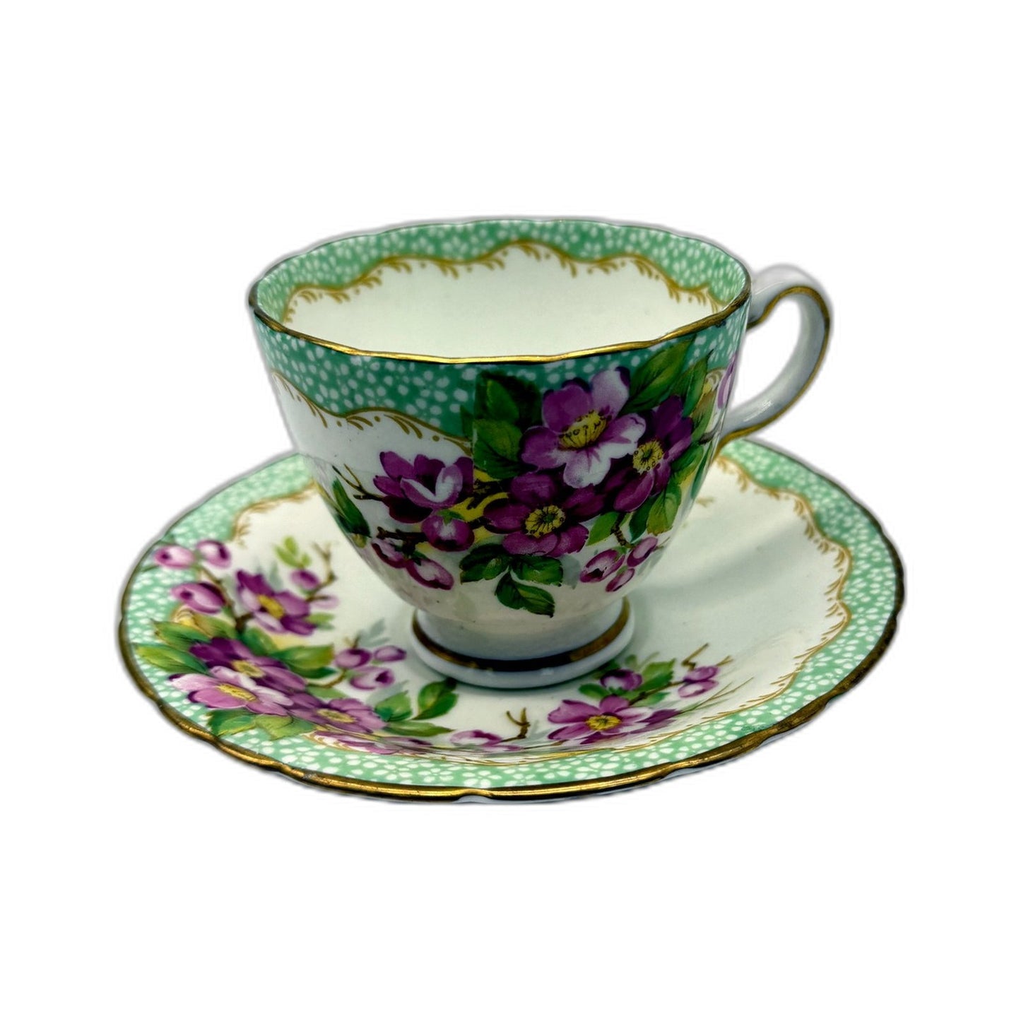 VINTAGE Delphine Bone China England Tea Cup and Saucer Set Green Orchard Floral