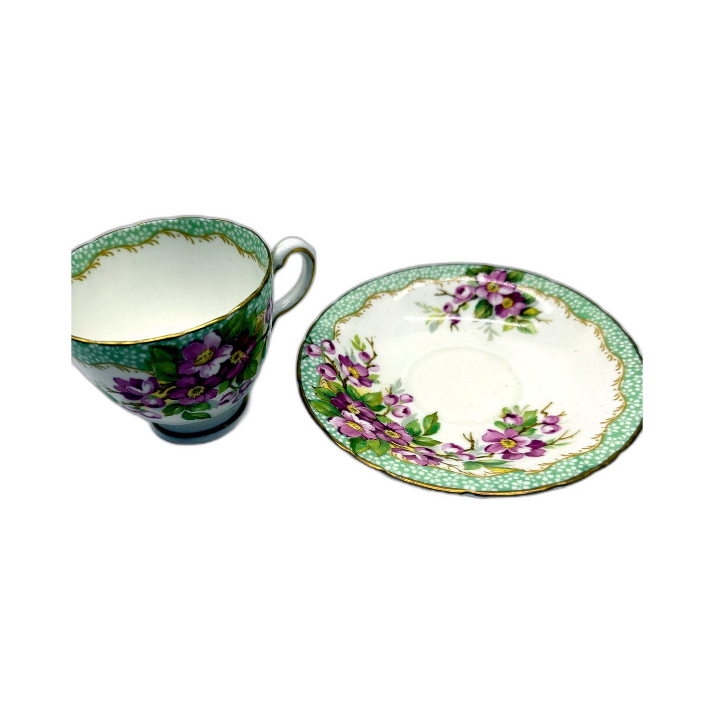 VINTAGE Delphine Bone China England Tea Cup and Saucer Set Green Orchard Floral