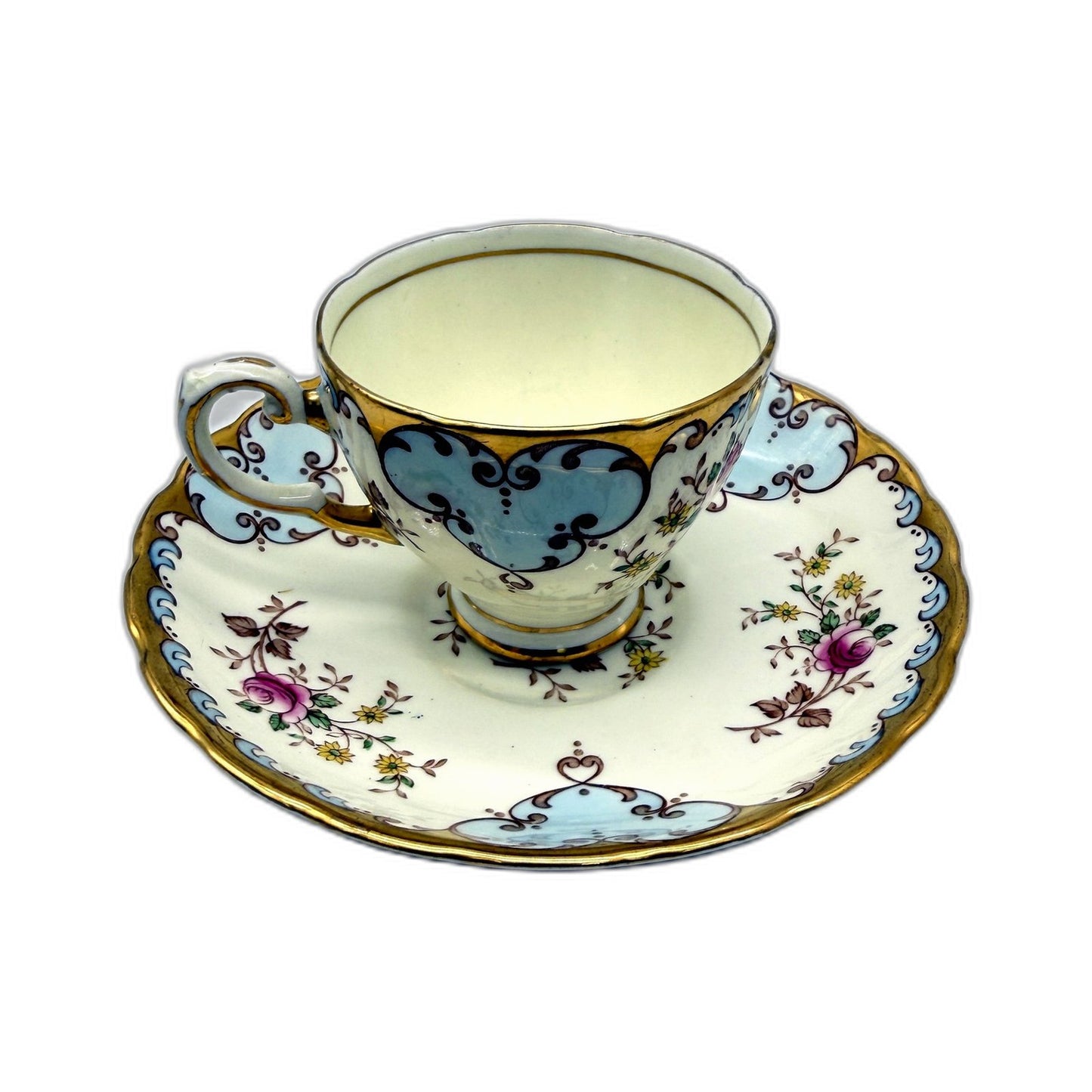 VINTAGE Tuscan China Porcelain Teacup and Saucer Set Floral Gold & Blue Tone