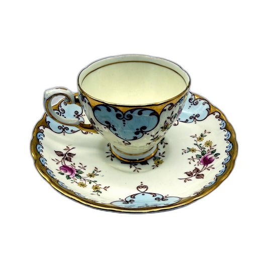 VINTAGE Tuscan China Porcelain Teacup and Saucer Set Floral Gold & Blue Tone