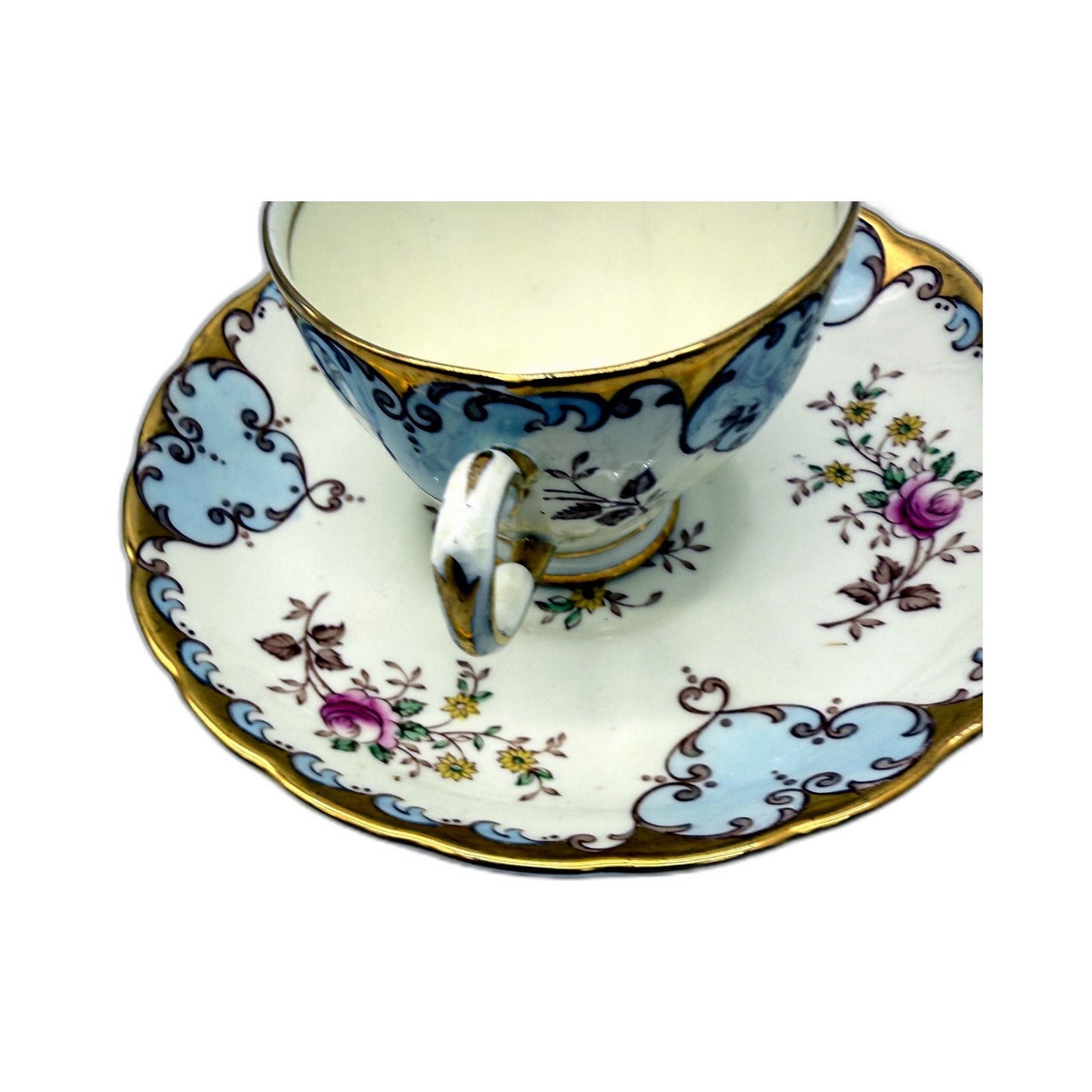 VINTAGE Tuscan China Porcelain Teacup and Saucer Set Floral Gold & Blue Tone