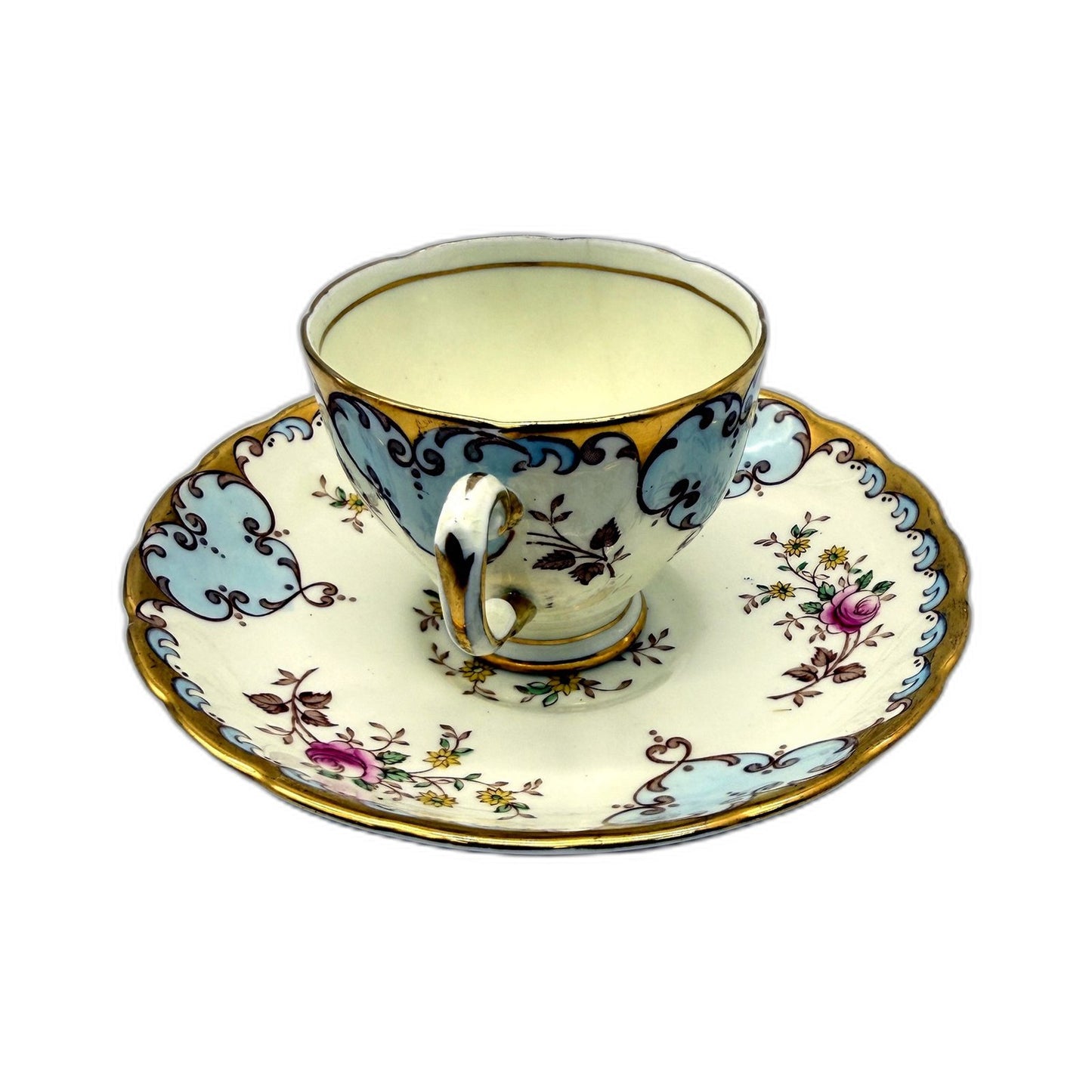 VINTAGE Tuscan China Porcelain Teacup and Saucer Set Floral Gold & Blue Tone