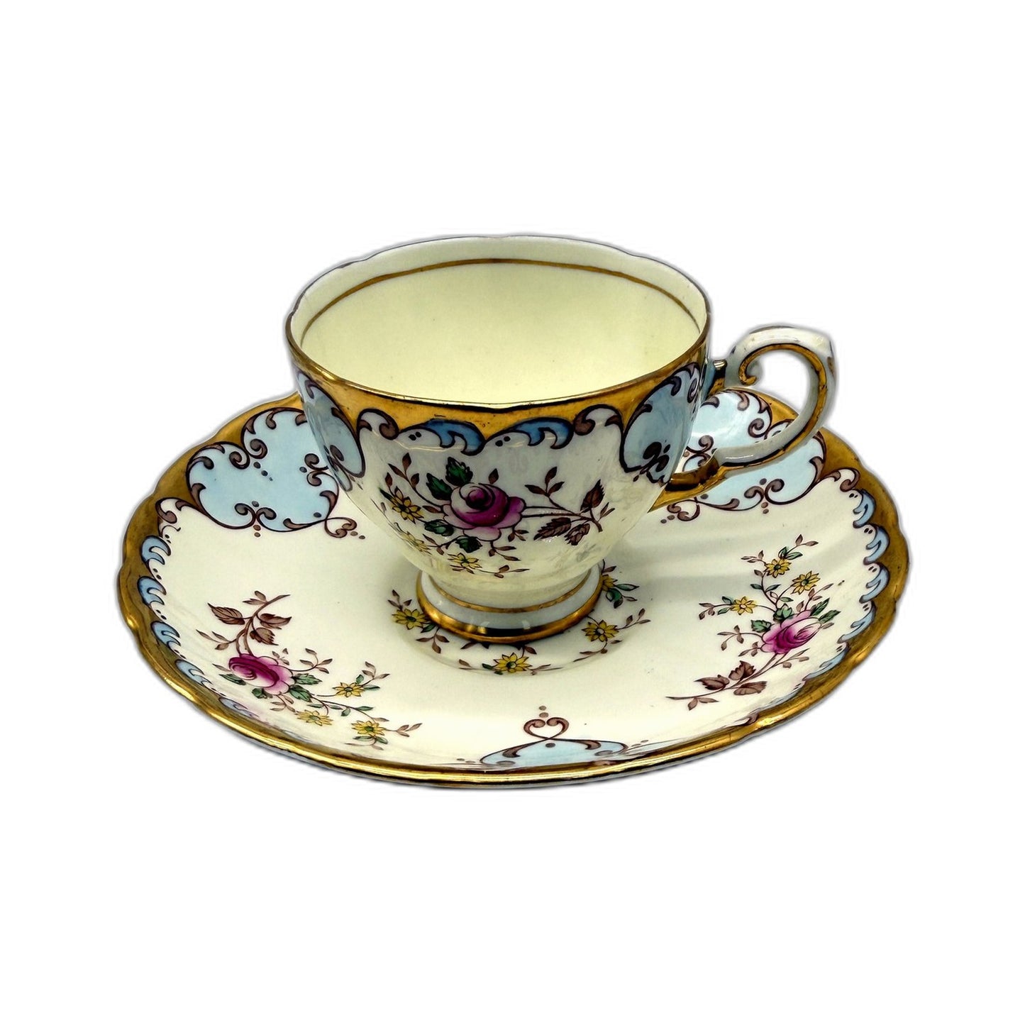 VINTAGE Tuscan China Porcelain Teacup and Saucer Set Floral Gold & Blue Tone