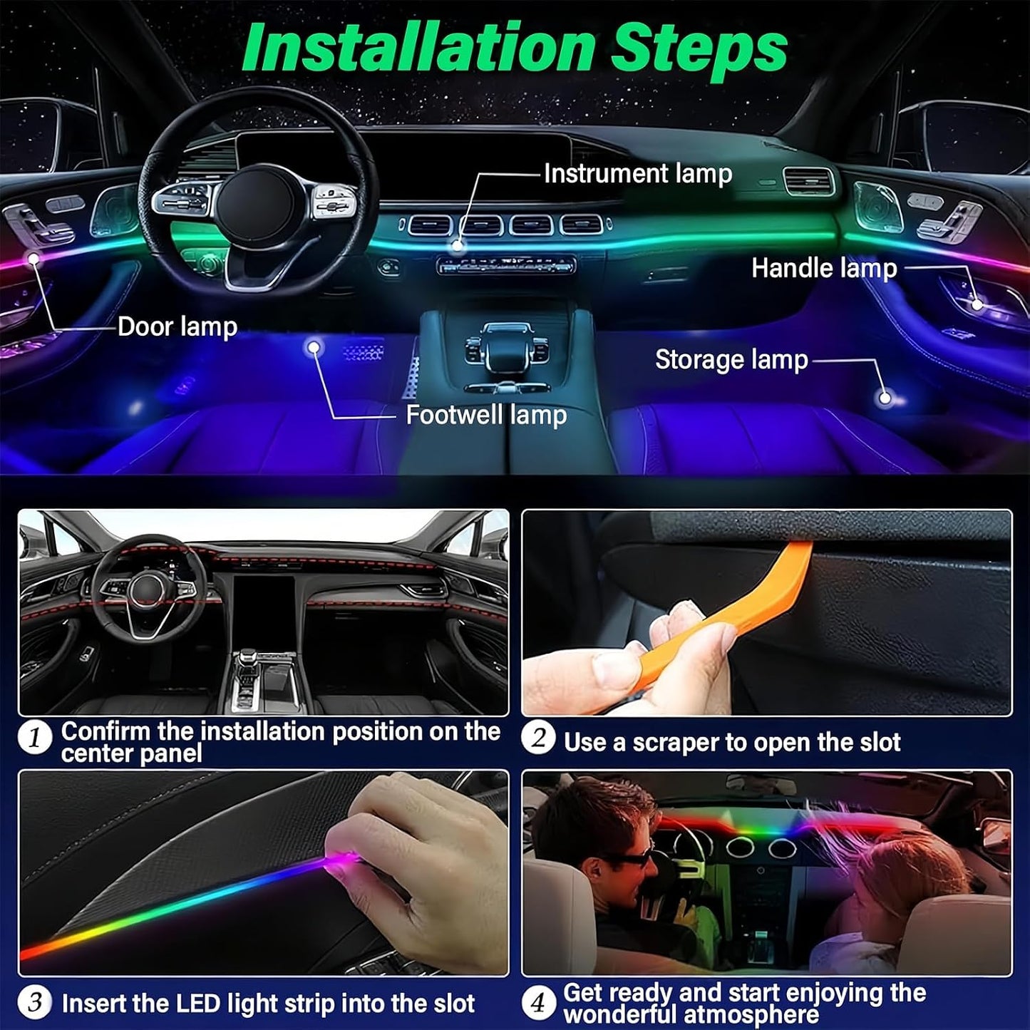 Cooloops Multicolor Neon Light Kit Acrylic Interior Car LED 10-in-1 App DEMO