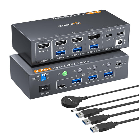 AOOCOO 4-Port Selector Boxes Hybrid USB-C DisplayPort Dual HDMI 4K 60Hz KVM NEW