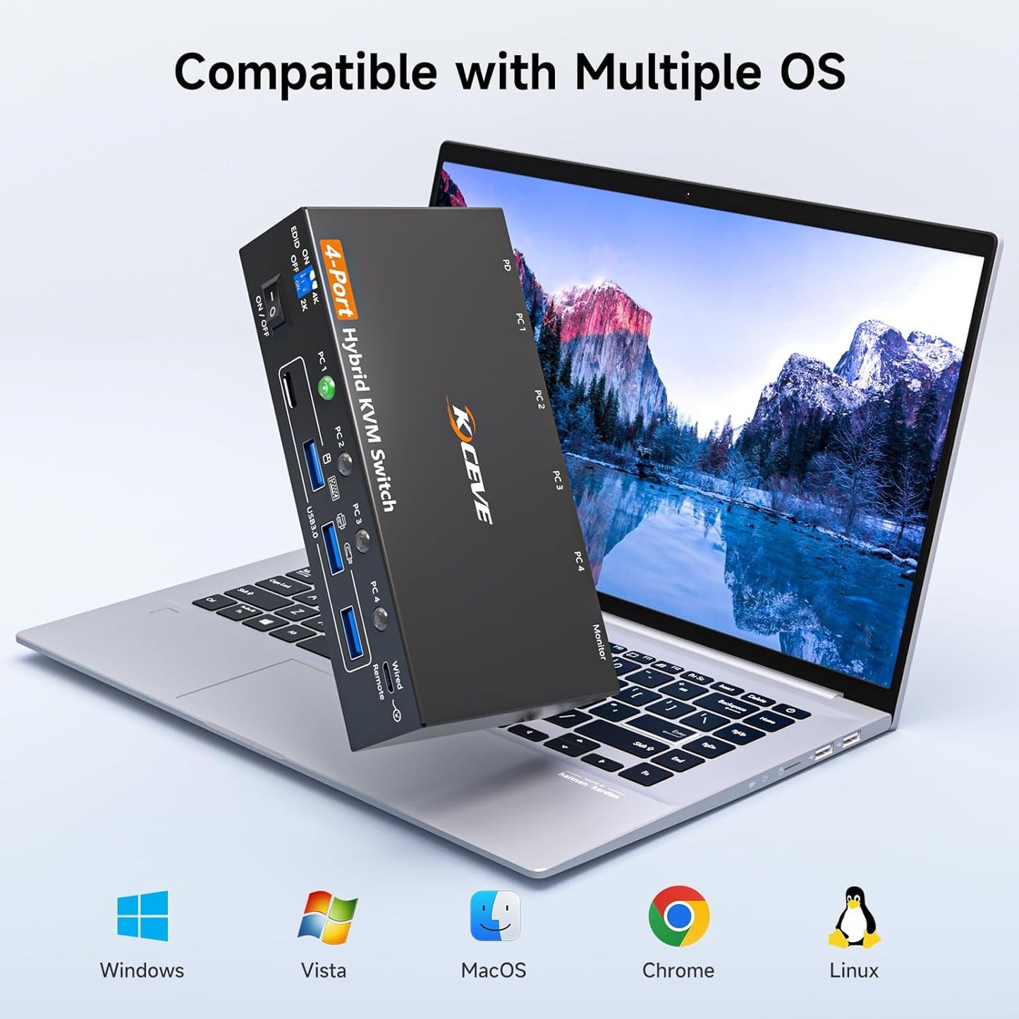 AOOCOO 4-Port Selector Boxes Hybrid USB-C DisplayPort Dual HDMI 4K 60Hz KVM NEW