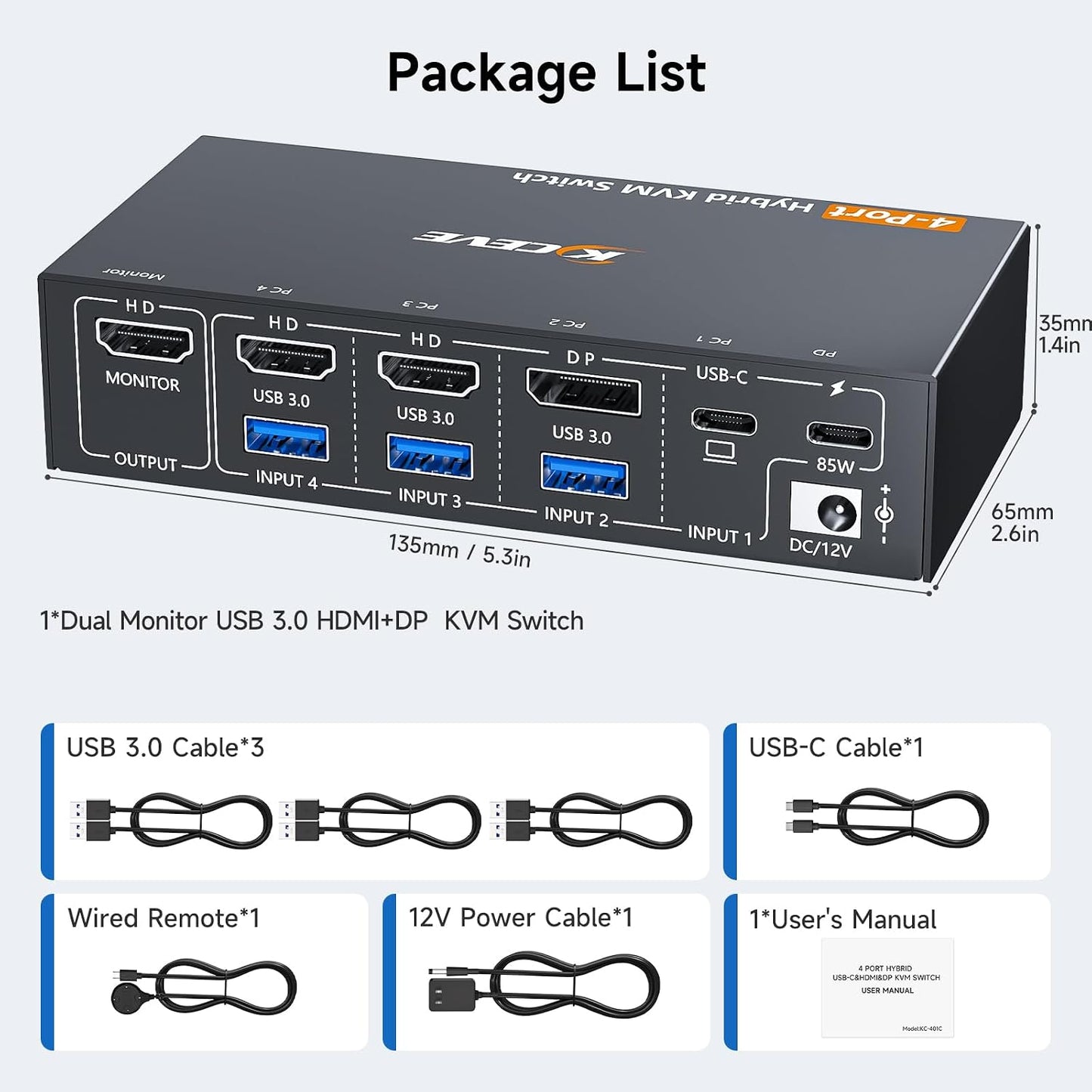 AOOCOO 4-Port Selector Boxes Hybrid USB-C DisplayPort Dual HDMI 4K 60Hz KVM NEW