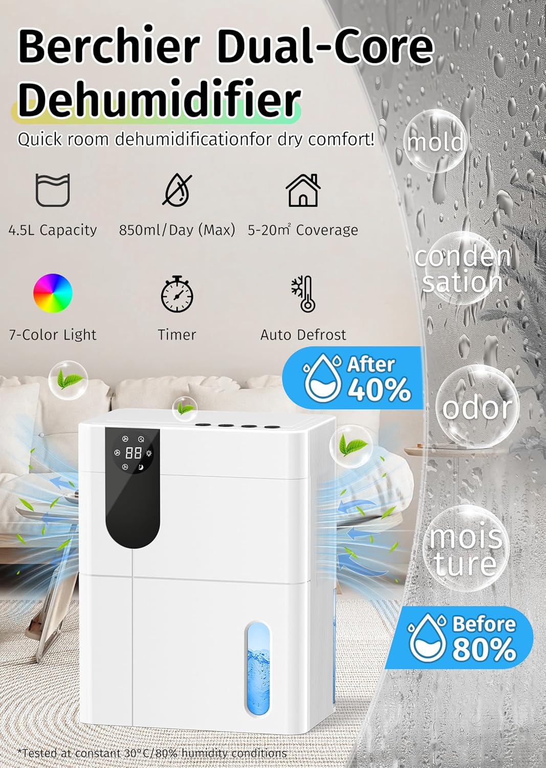 Starfeel 152 OZ Quiet Dehumidifier for Home, 900 sq.ft, White, Heating 4.5L NEW