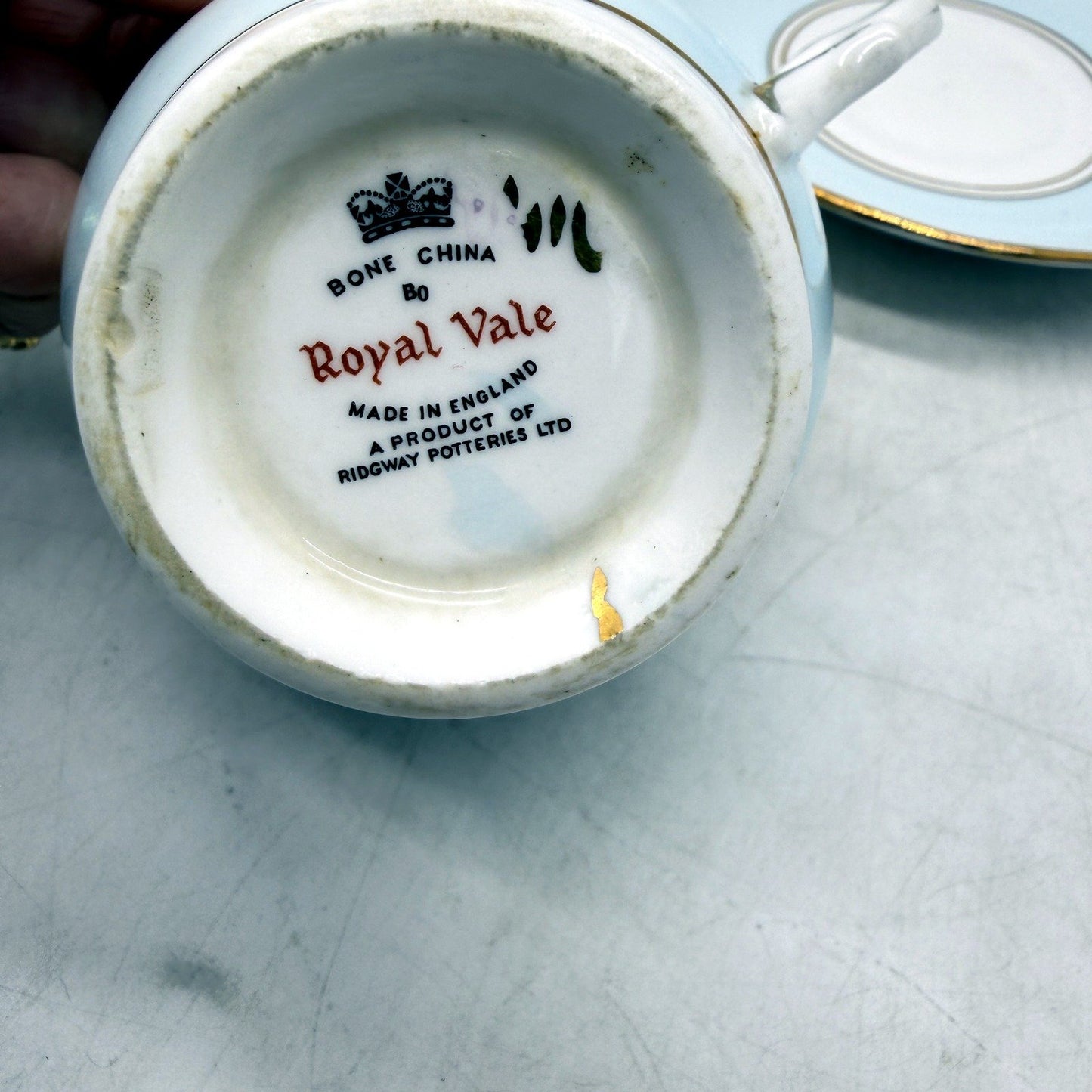VINTAGE Royal Vale Porcelain Teacup and Saucer Set English Bone China Light Blue