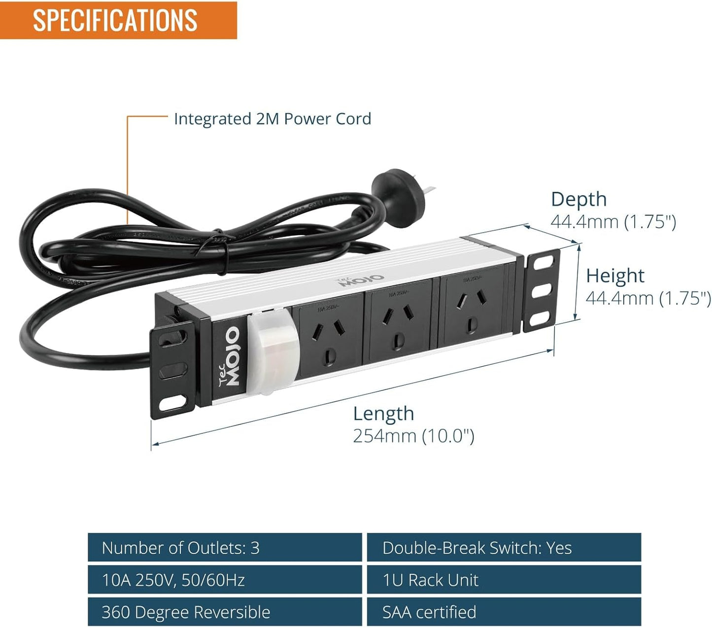 Tecmojo 1U Power Strip 3 Outlets Rack Mount PDU Reversible Mounting White NEW