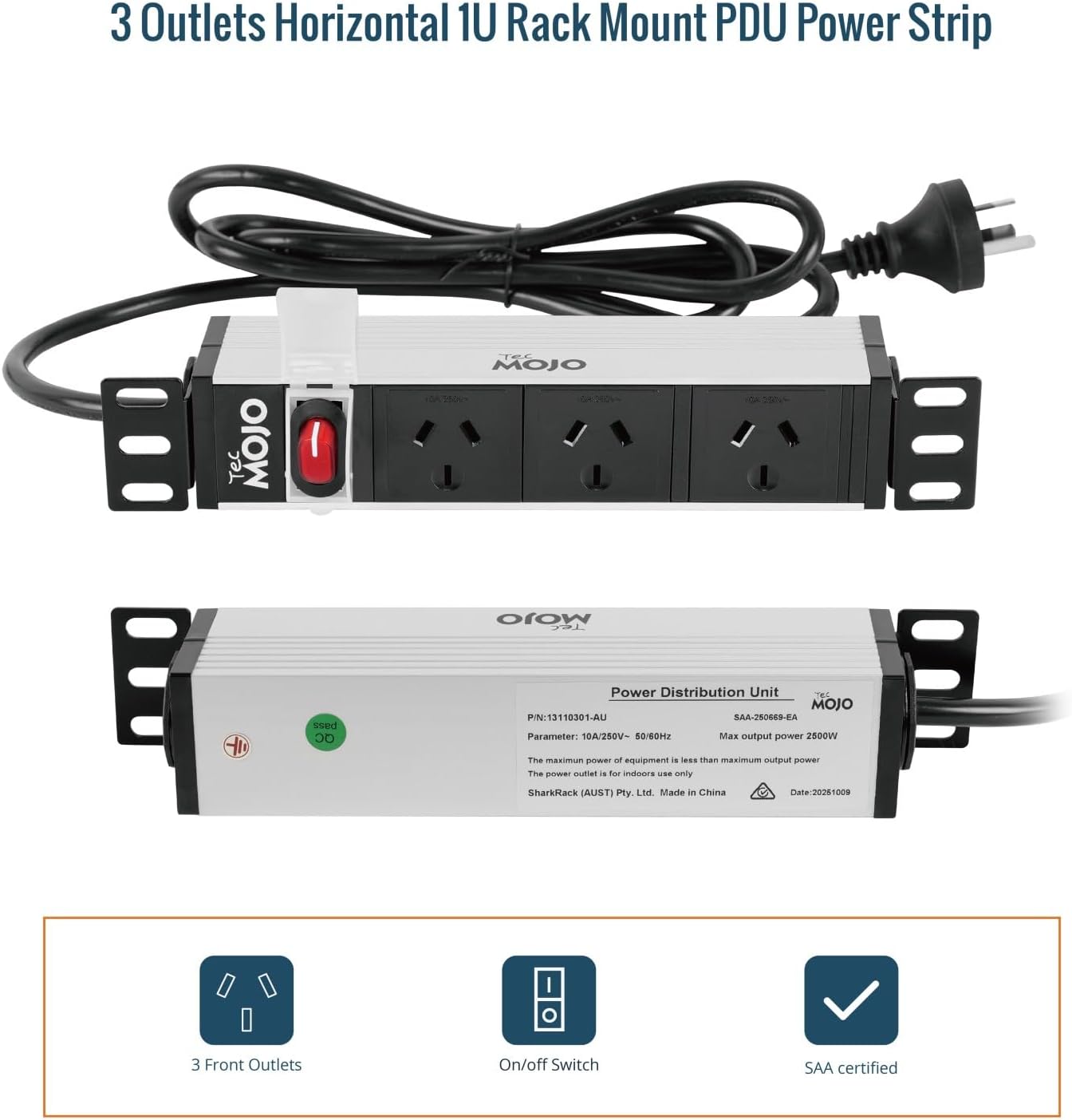 Tecmojo 1U Power Strip 3 Outlets Rack Mount PDU Reversible Mounting White NEW