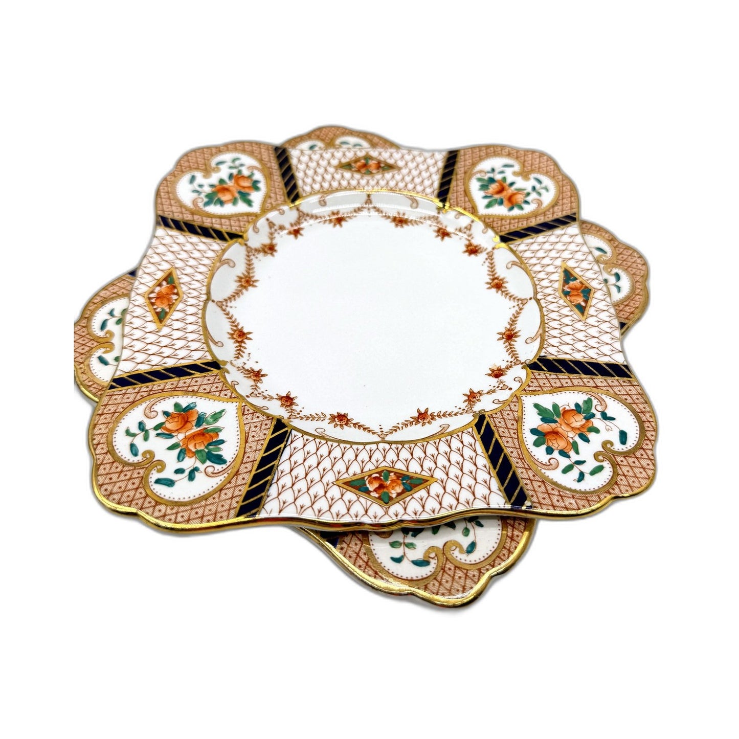 VINTAGE Royal Winton Grimwades 7 Piece Floral Scalloped Gilded Cake Plate Set