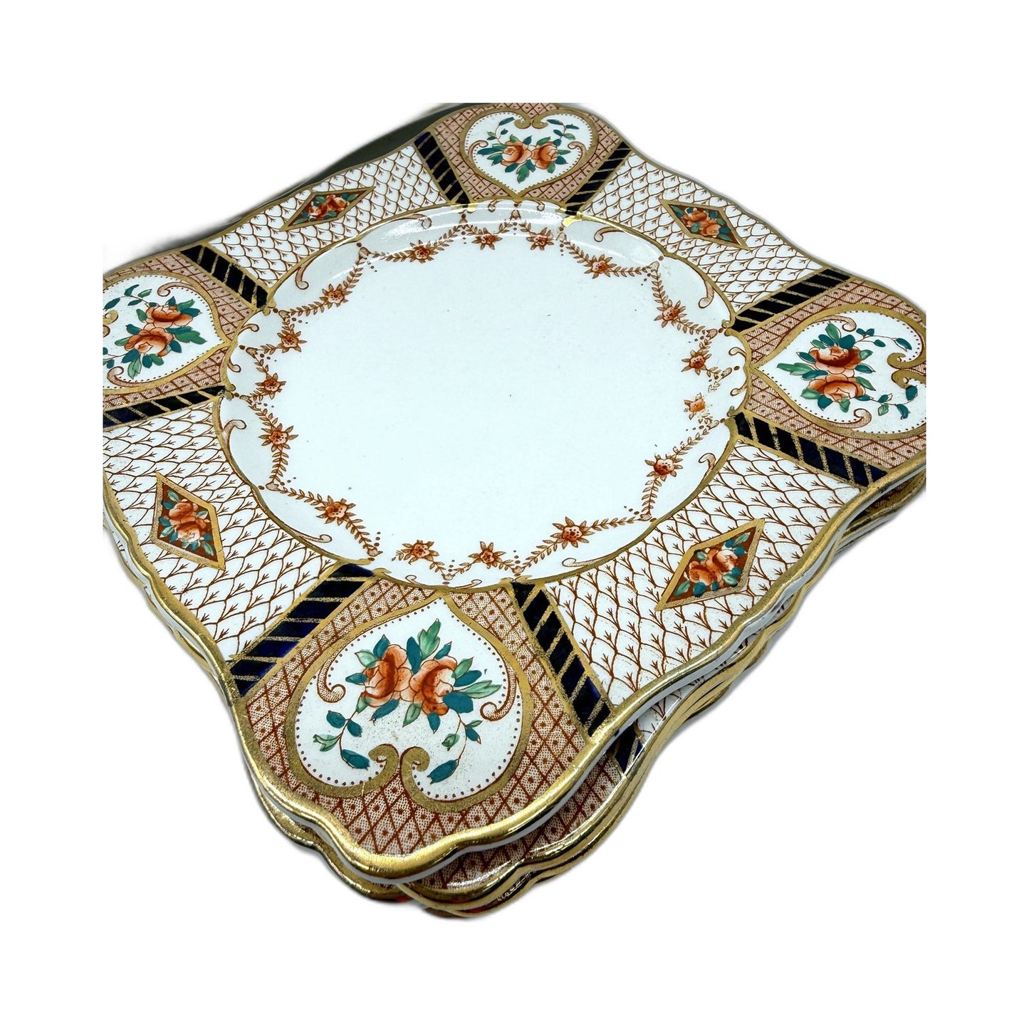 VINTAGE Royal Winton Grimwades 7 Piece Floral Scalloped Gilded Cake Plate Set