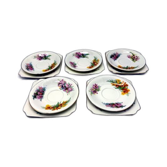 VINTAGE Royal Doulton Orchid Porcelain Saucer Set 10 Pieces Multi Color Floral