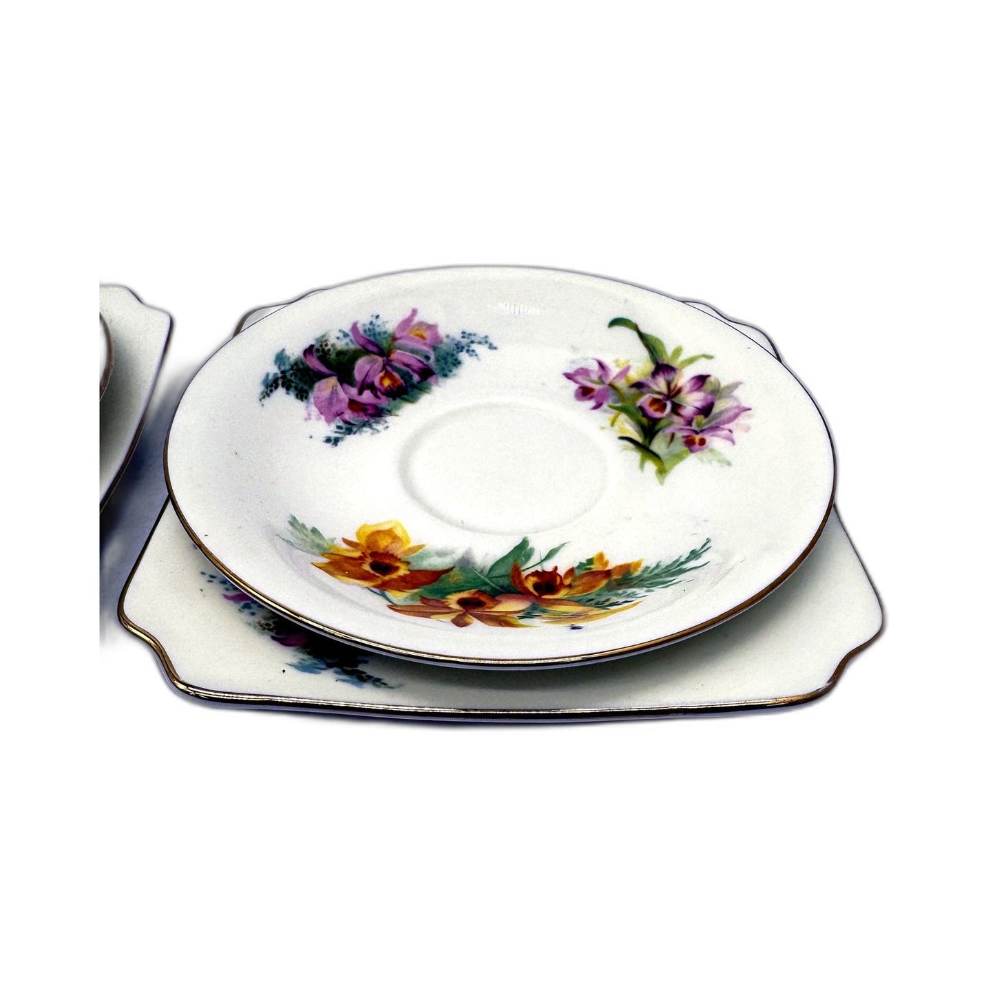 VINTAGE Royal Doulton Orchid Porcelain Saucer Set 10 Pieces Multi Color Floral