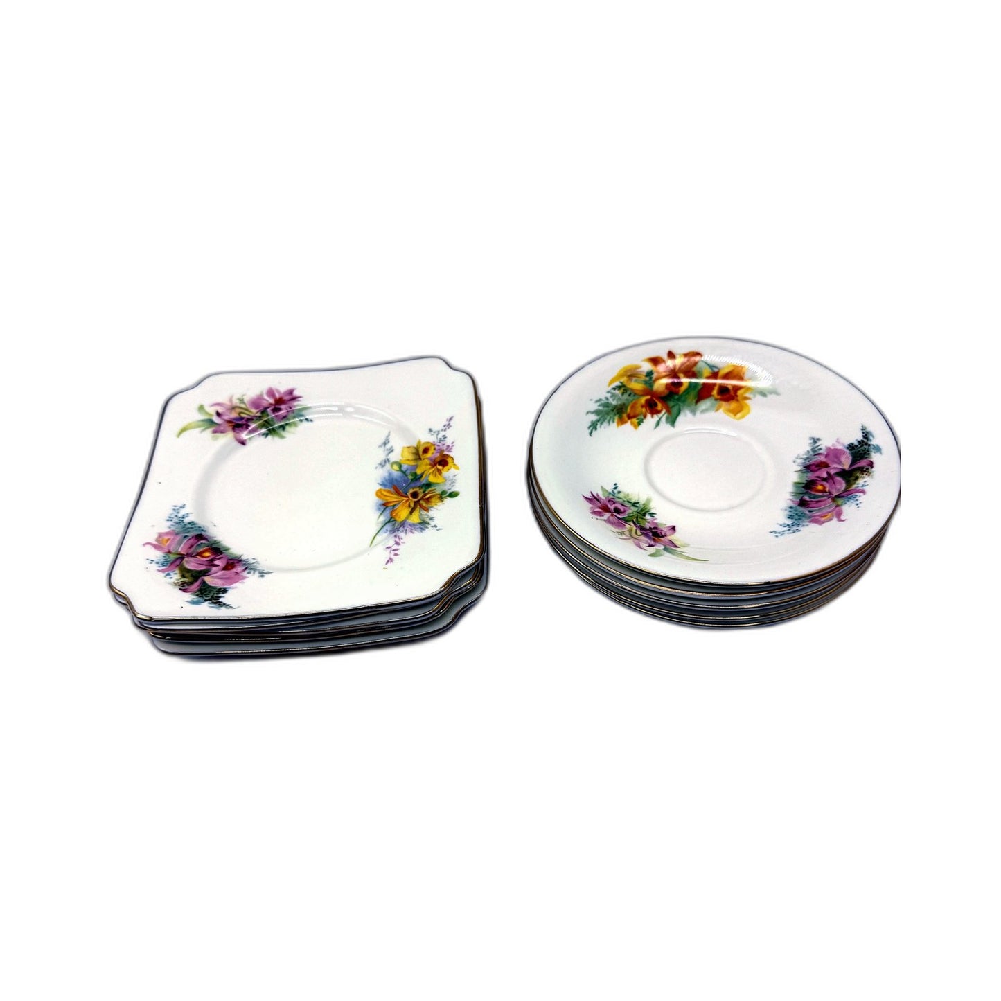 VINTAGE Royal Doulton Orchid Porcelain Saucer Set 10 Pieces Multi Color Floral