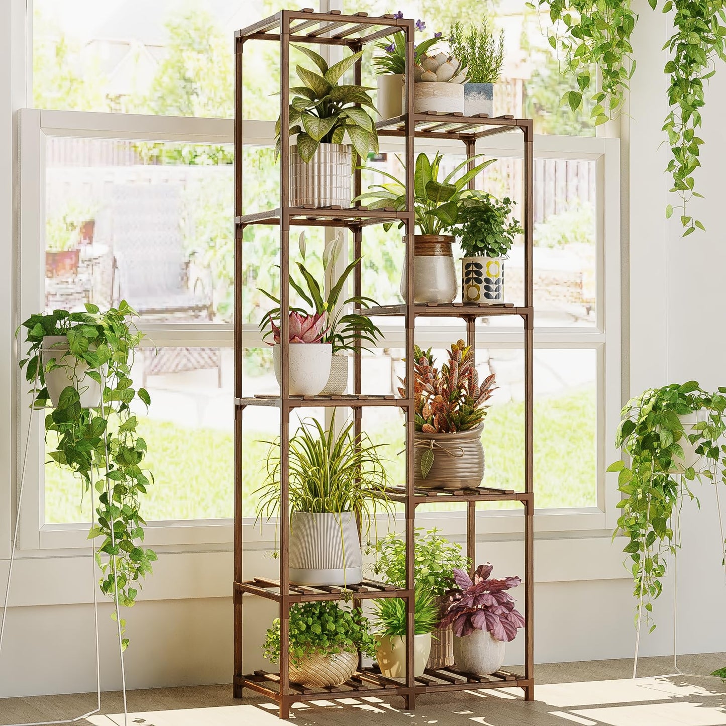 Bamworld Tall Stands 54" Plant Stand Indoor 9 Pot Shelf Timber BLACK NEW