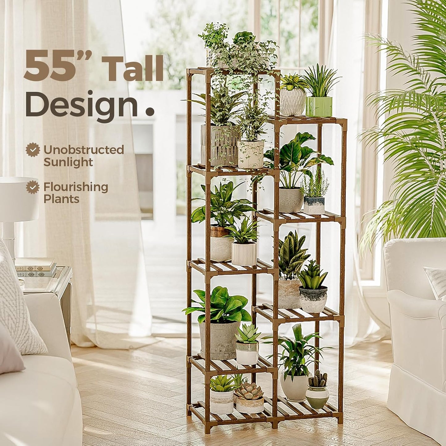 Bamworld Tall Stands 54" Plant Stand Indoor 9 Pot Shelf Timber BLACK NEW