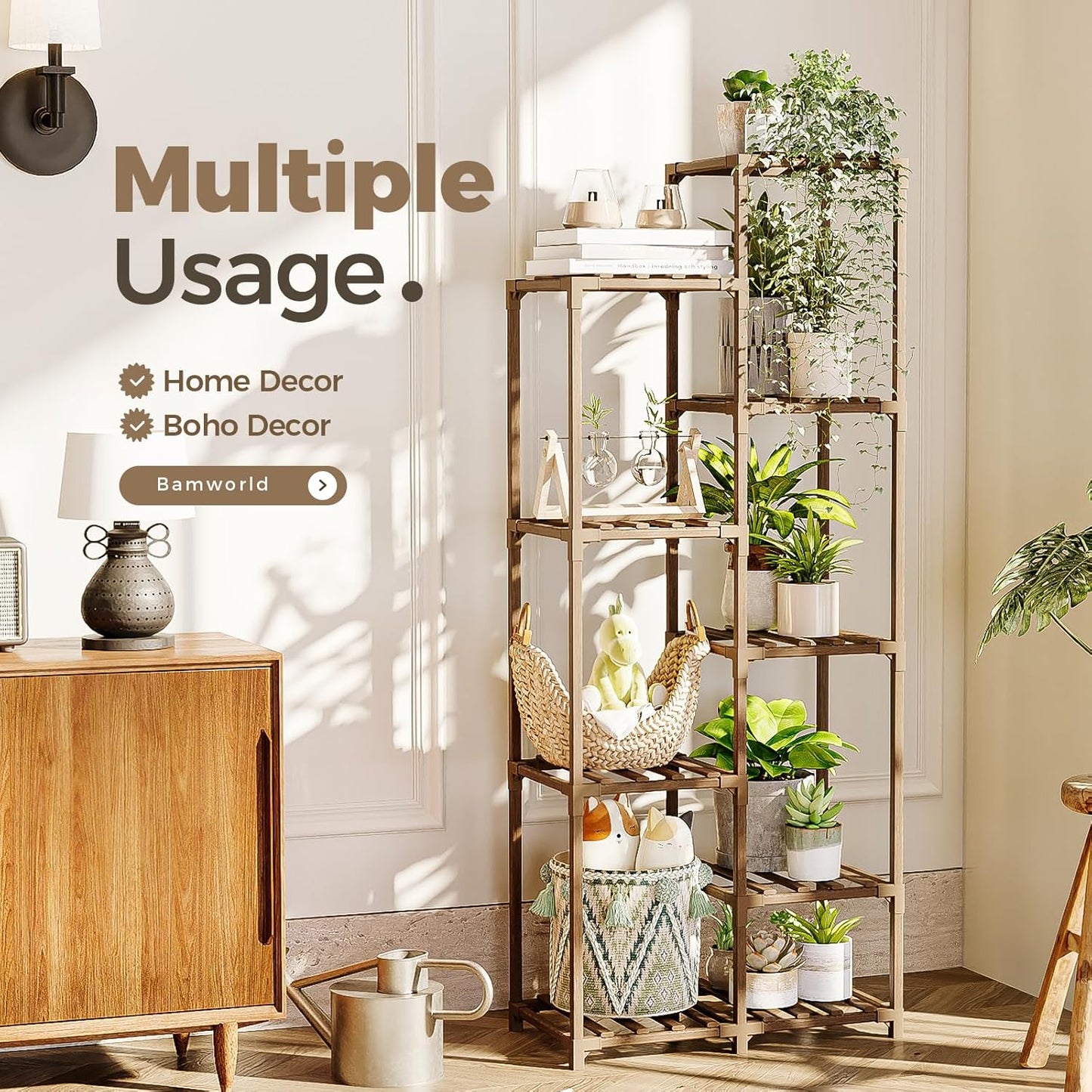 Bamworld Tall Stands 54" Plant Stand Indoor 9 Pot Shelf Timber BLACK NEW