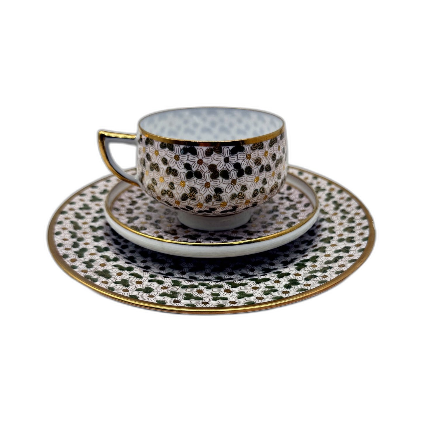 VINTAGE Japanese Green White & Gold Accented 3 Piece Fine Porcelain Tea Cup Set