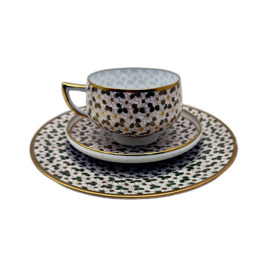 VINTAGE Japanese Green White & Gold Accented 3 Piece Fine Porcelain Tea Cup Set