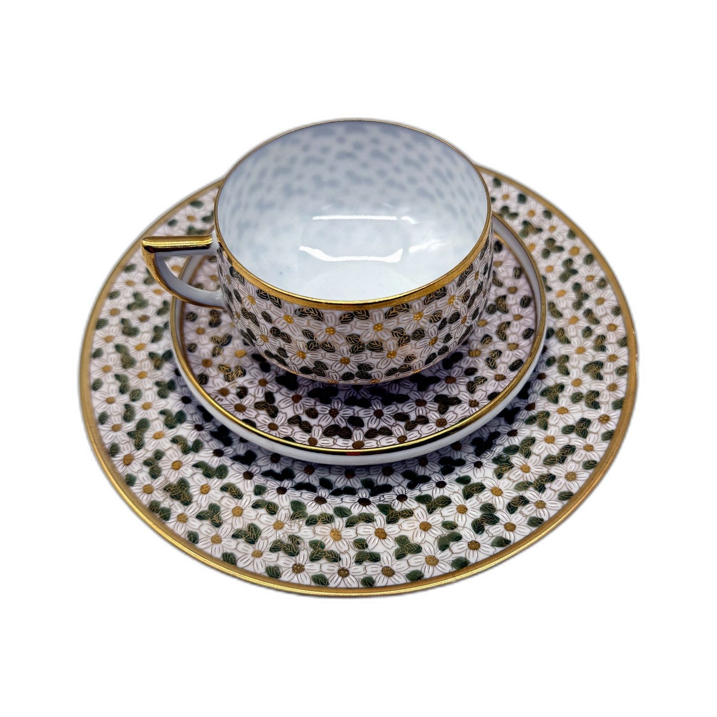 VINTAGE Japanese Green White & Gold Accented 3 Piece Fine Porcelain Tea Cup Set