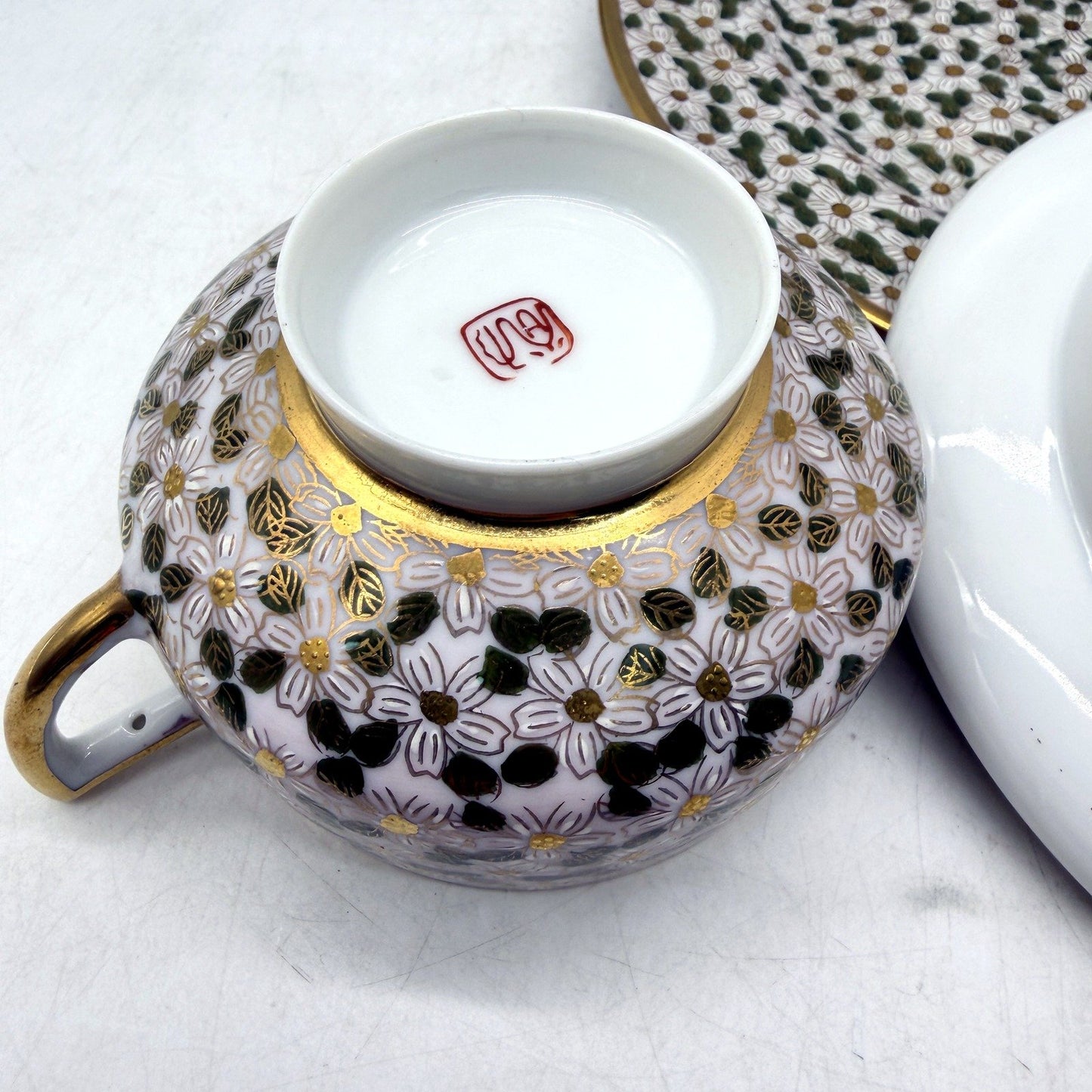 VINTAGE Japanese Green White & Gold Accented 3 Piece Fine Porcelain Tea Cup Set