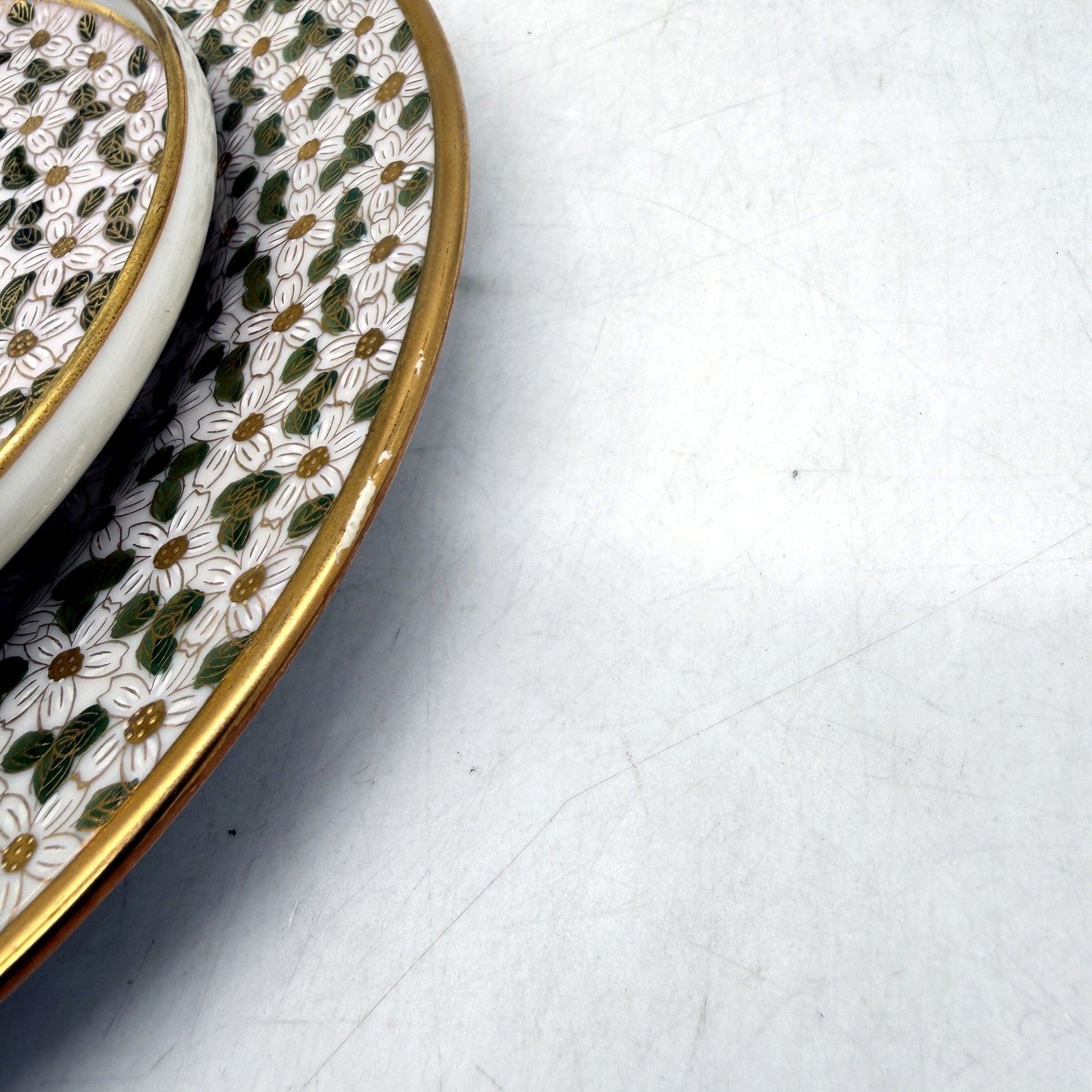 VINTAGE Japanese Green White & Gold Accented 3 Piece Fine Porcelain Tea Cup Set