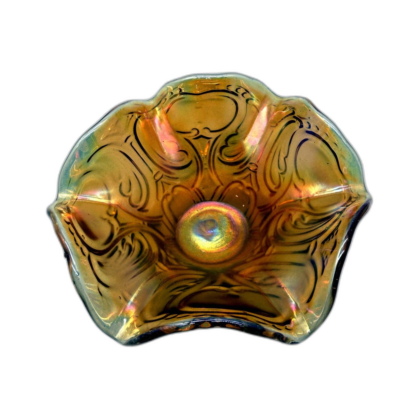 VINTAGE Amber Iridescent Decorative Glass Bowl Centerpiece for Home Decor