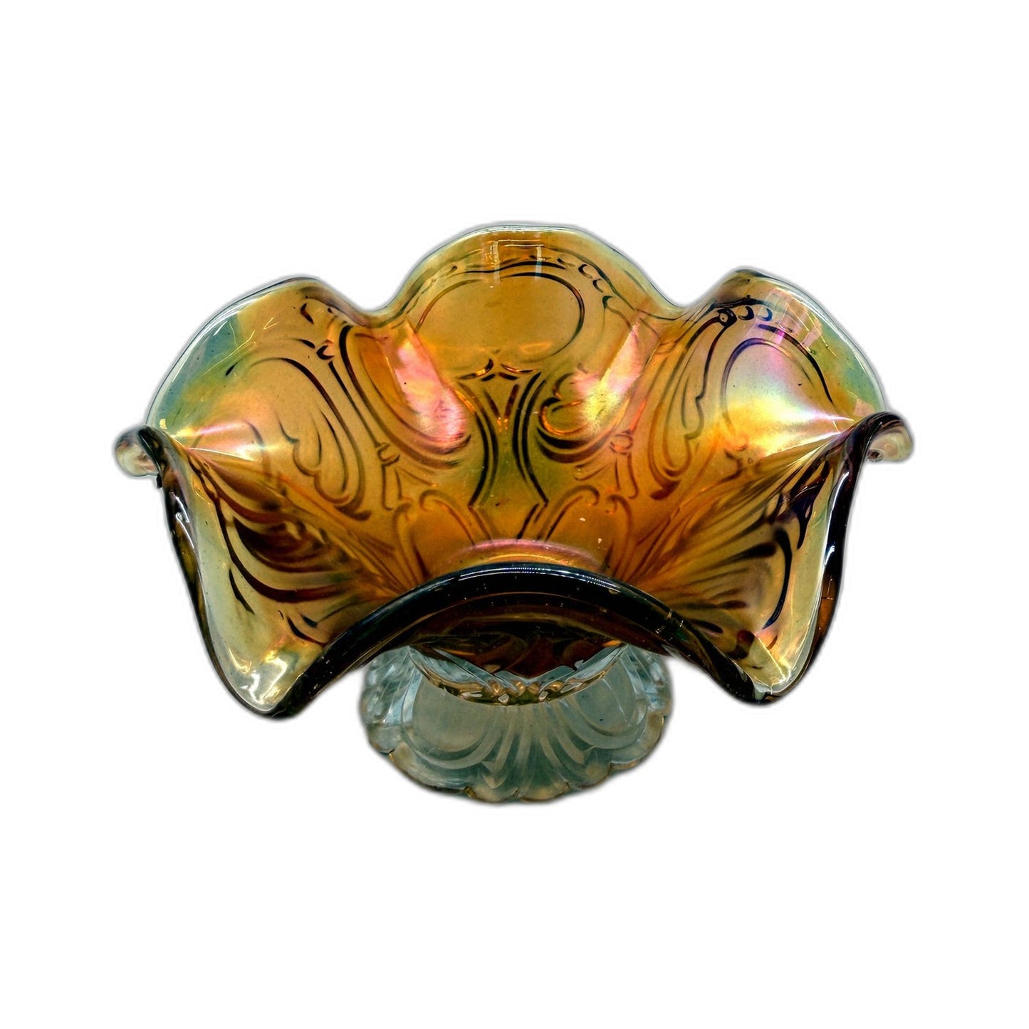 VINTAGE Amber Iridescent Decorative Glass Bowl Centerpiece for Home Decor